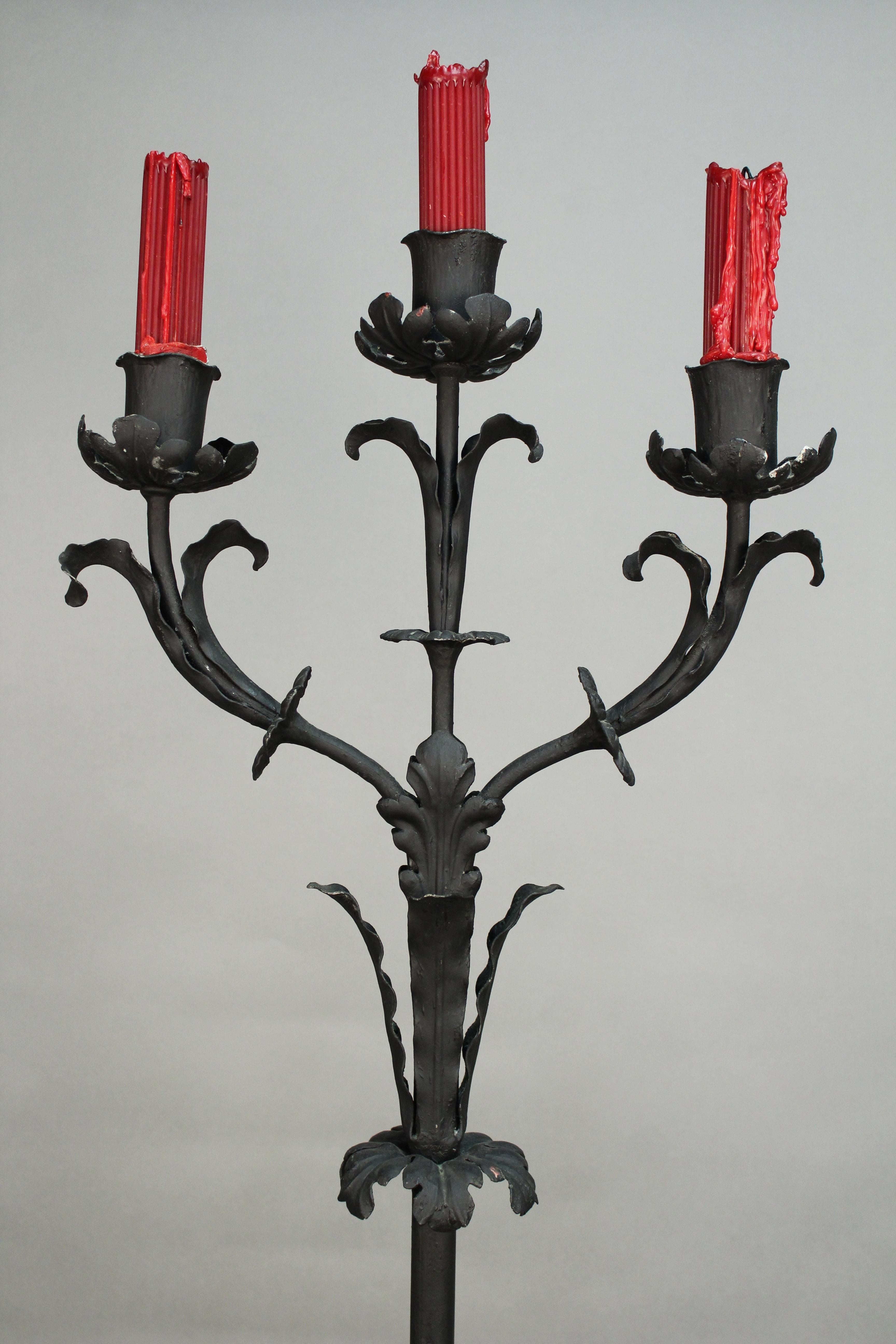 Spanish Colonial Pair of Tall Wrought Iron Candleholders Fits Nicely with Spanish Revival Tudor