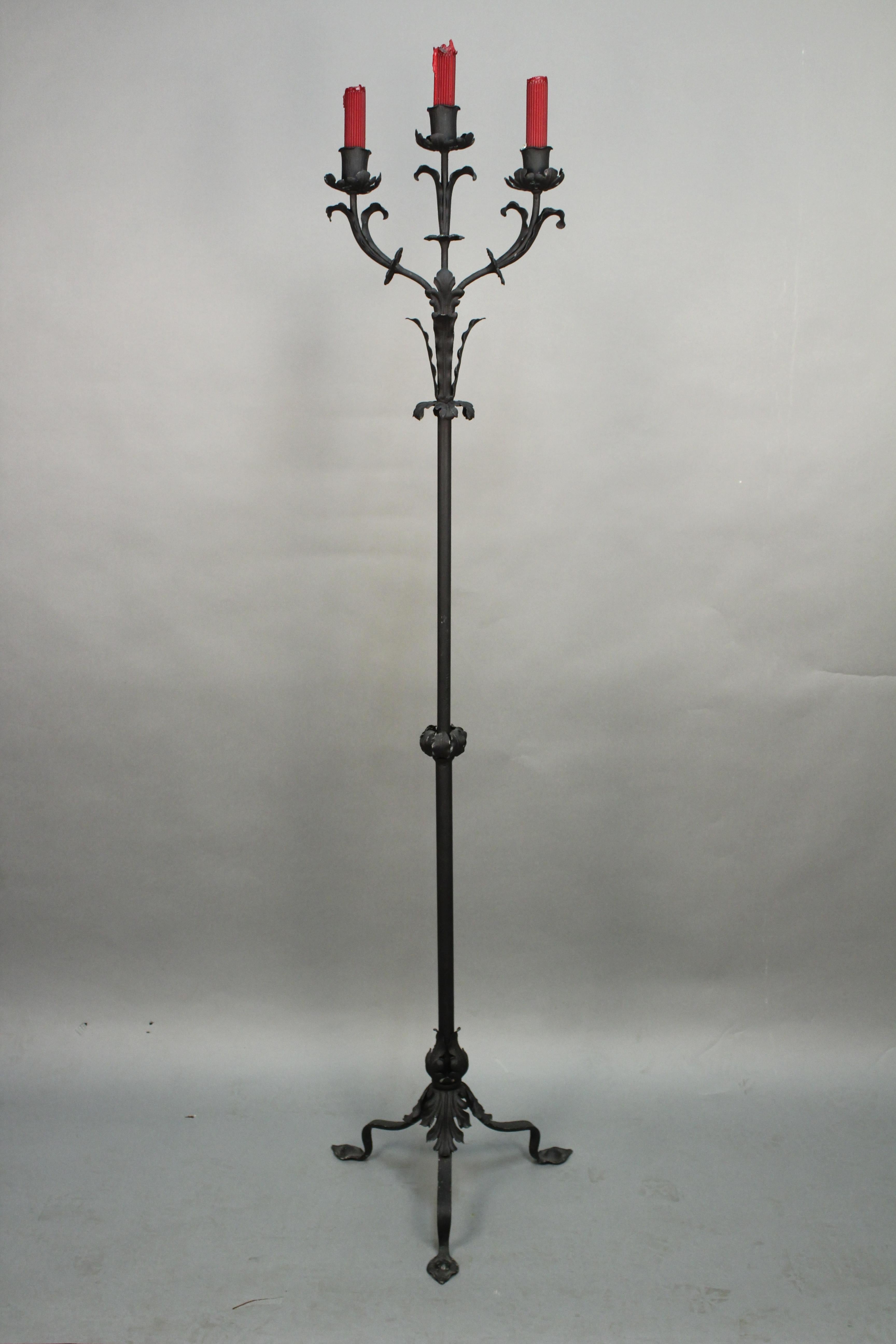 Pair of Tall Wrought Iron Candleholders Fits Nicely with Spanish Revival Tudor In Good Condition In Pasadena, CA