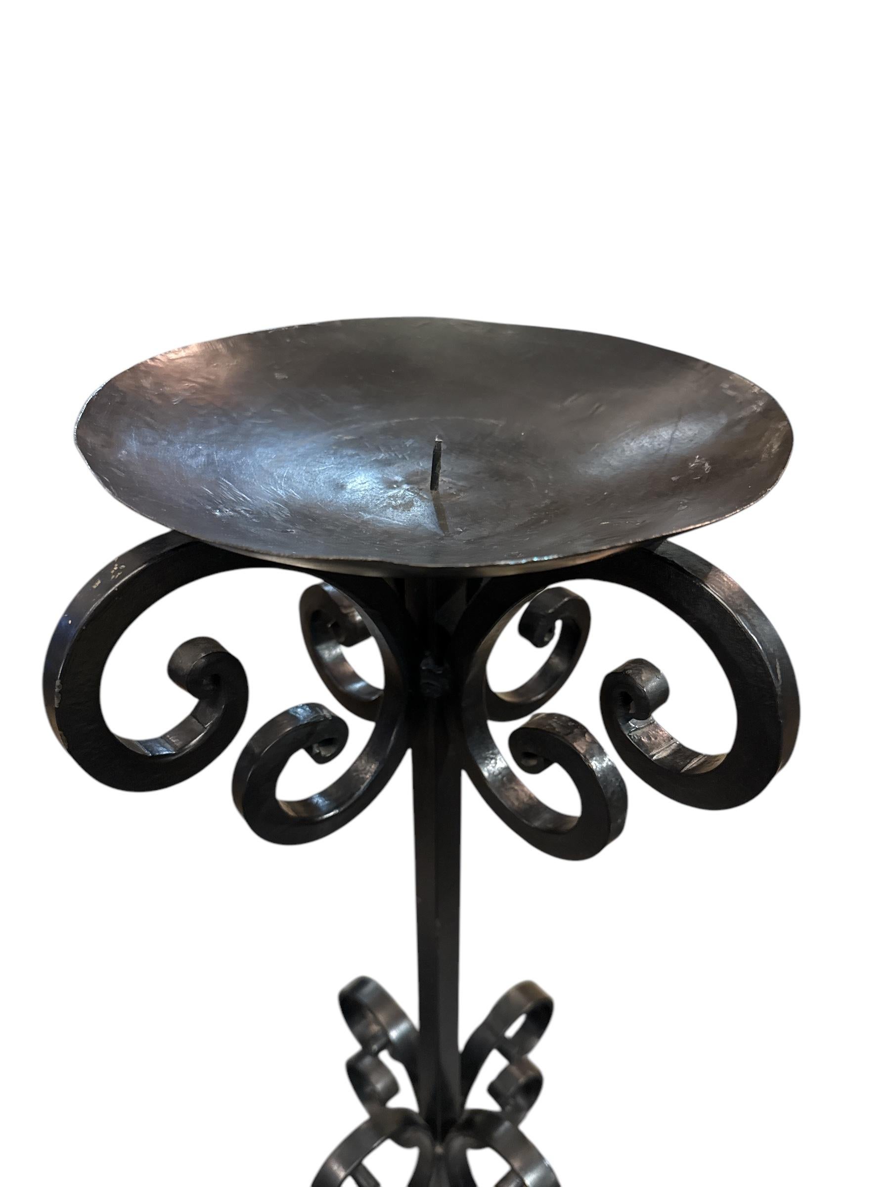 Danish Pair of Tall Wrought Iron Curley Floor Candle Sticks