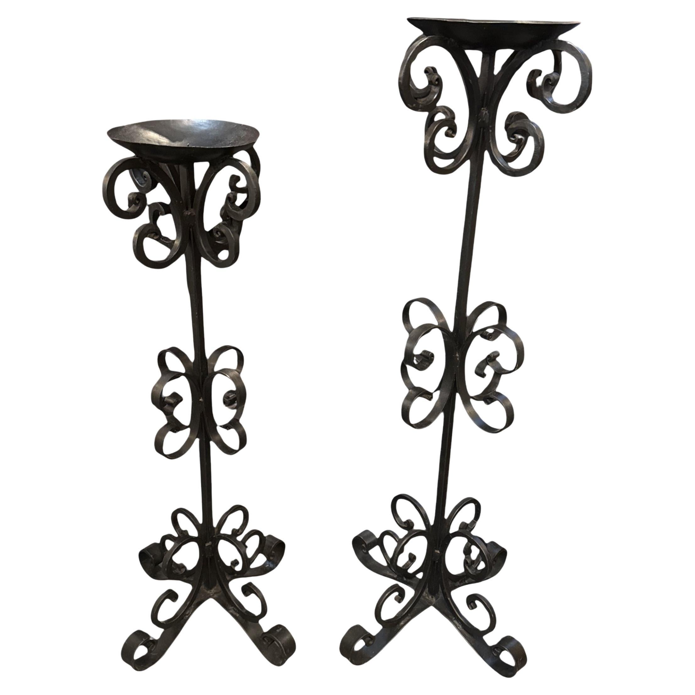 Pair of Tall Wrought Iron Curley Floor Candle Sticks