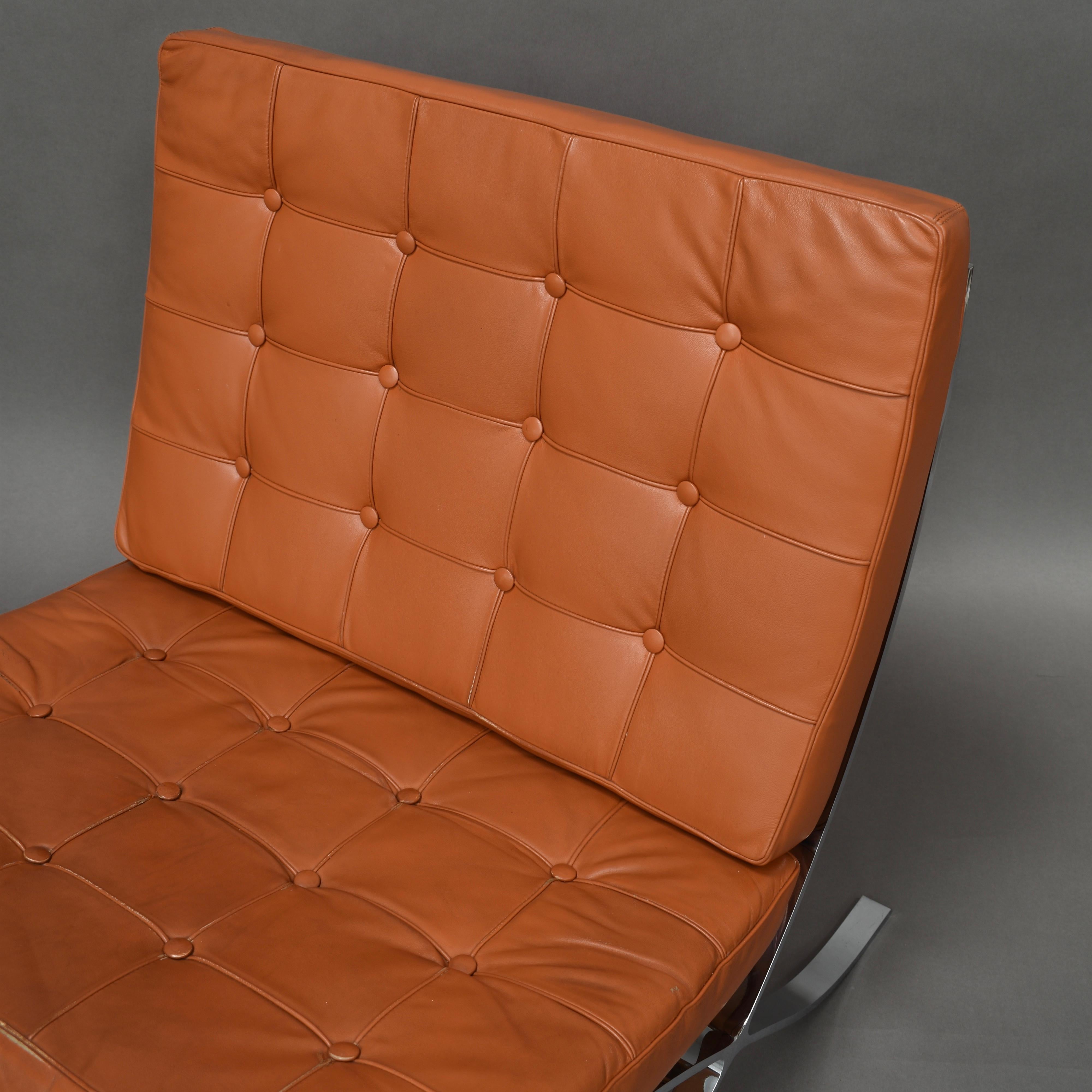 Leather Pair of Tan Barcelona Chairs by Ludwig Mies Van Der Rohe, circa 1990