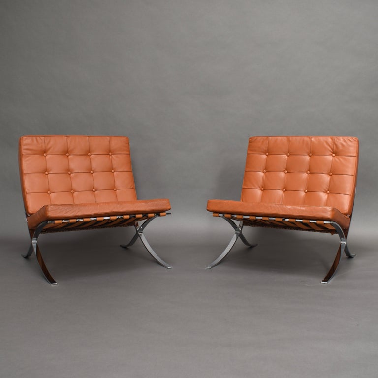 Pair of Tan Barcelona Chairs by Ludwig Mies Van Der Rohe circa 1990