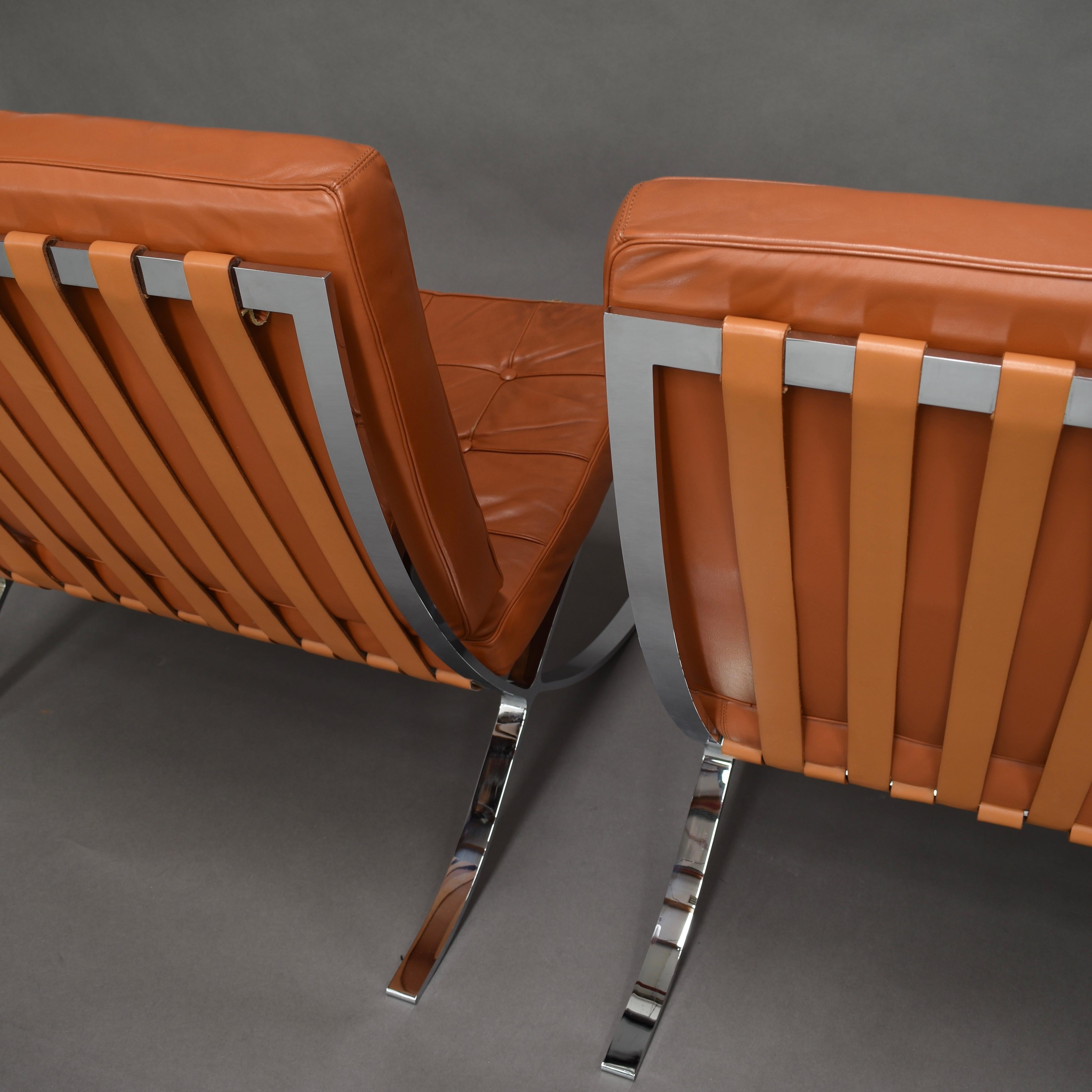 Mid-Century Modern Pair of Tan Barcelona Chairs by Ludwig Mies Van Der Rohe, circa 1990