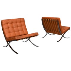 Antique Pair of Tan Barcelona Chairs by Ludwig Mies Van Der Rohe, circa 1990