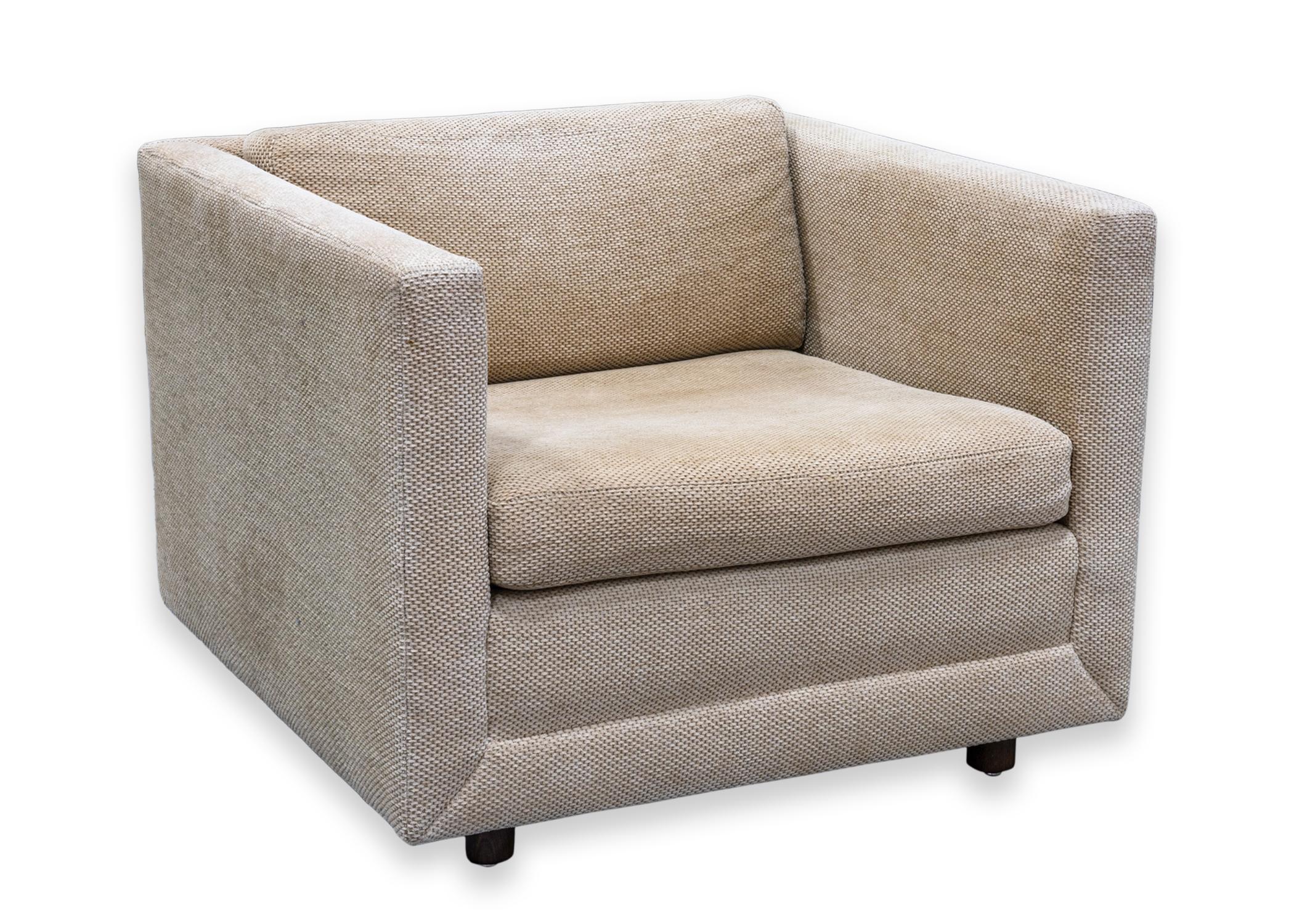 American Pair of Tan Brickell Cube Accent Lounge Chairs with Wooden Legs