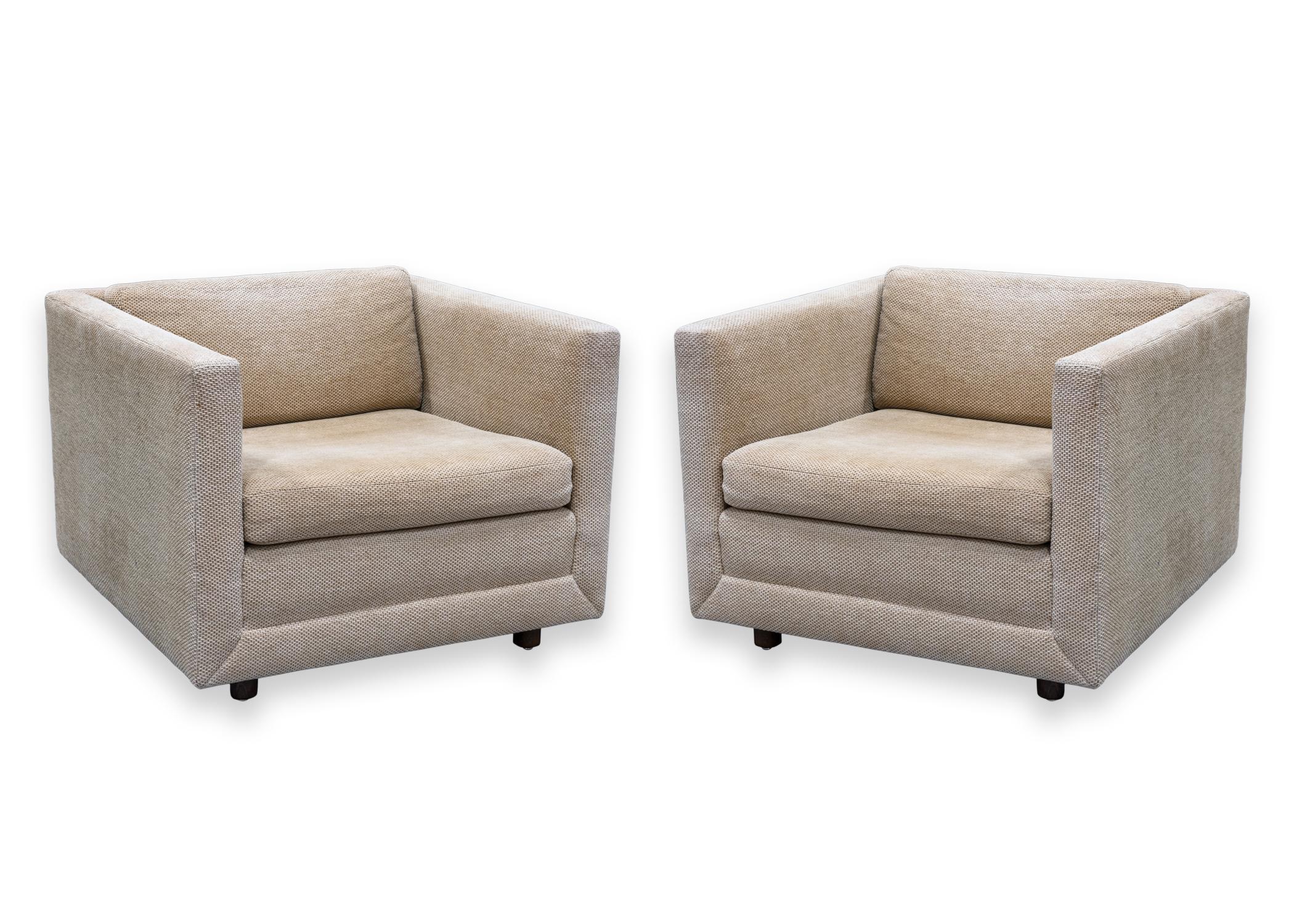 Pair of Tan Brickell Cube Accent Lounge Chairs with Wooden Legs In Good Condition In Keego Harbor, MI