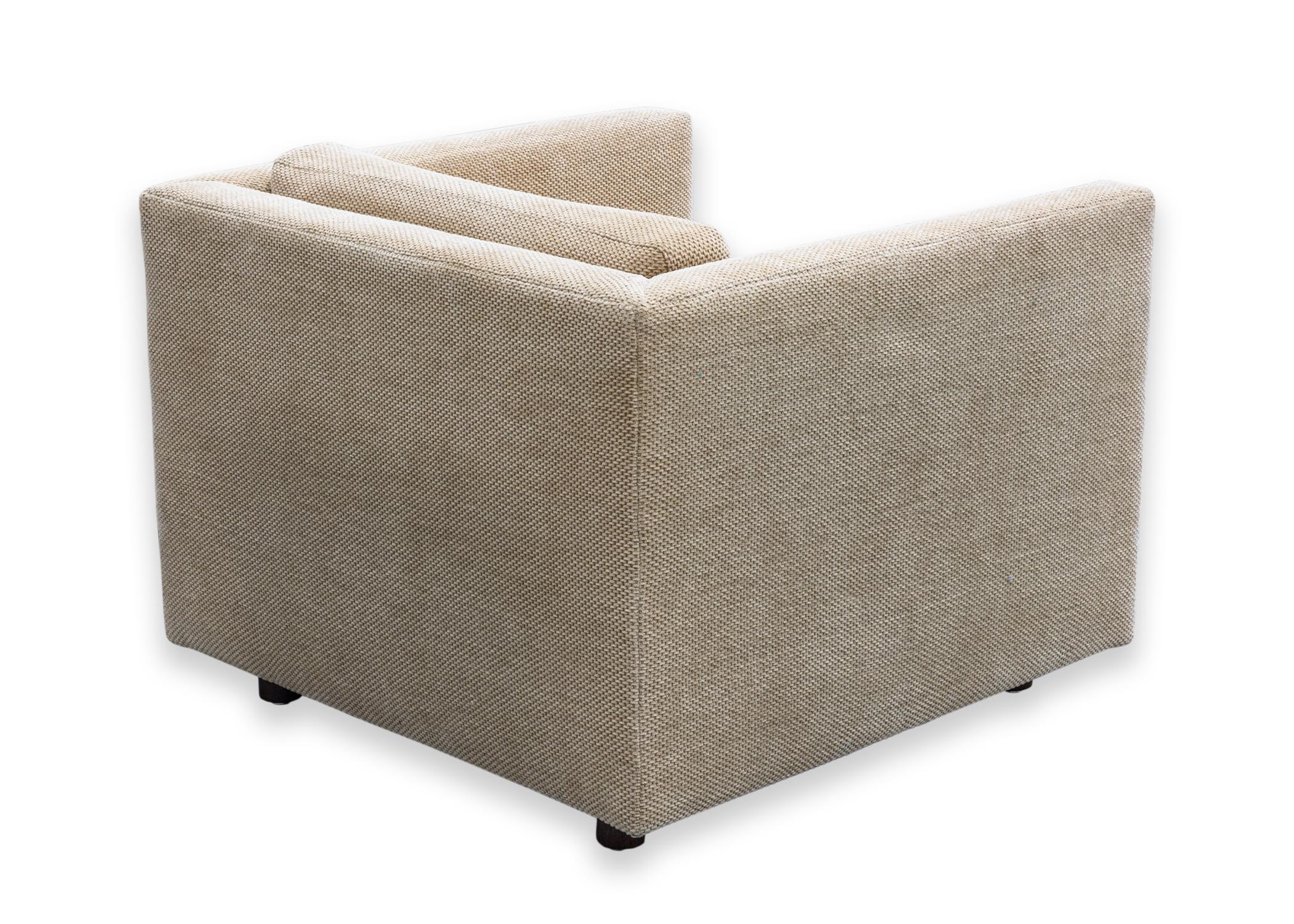 Fabric Pair of Tan Brickell Cube Accent Lounge Chairs with Wooden Legs For Sale