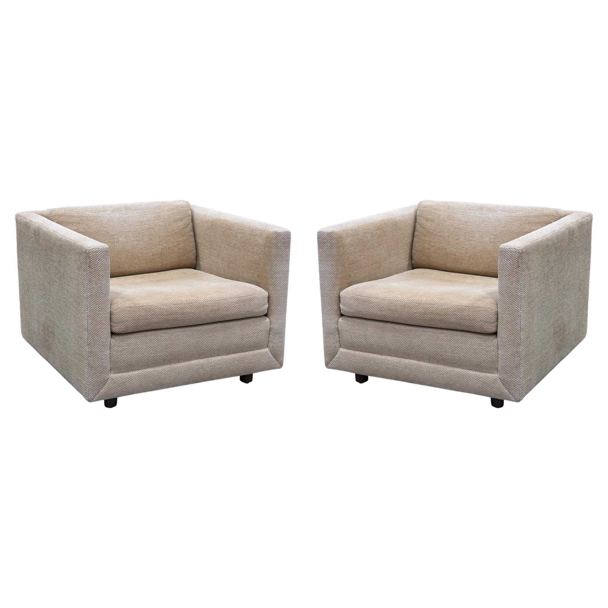 Pair of Tan Brickell Cube Accent Lounge Chairs with Wooden Legs For Sale