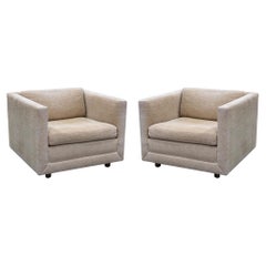 Vintage Pair of Tan Brickell Cube Accent Lounge Chairs with Wooden Legs