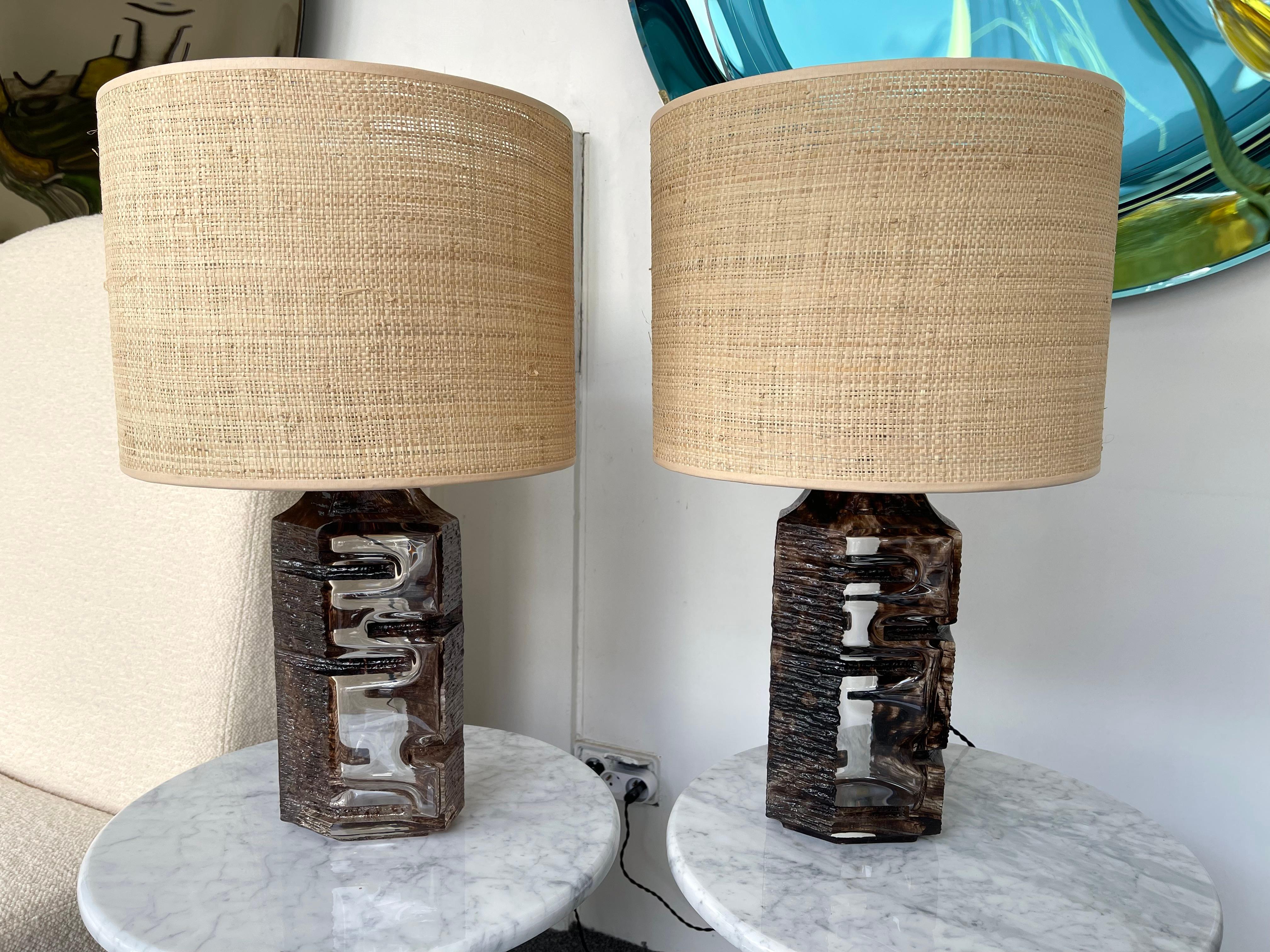 French Pair of Tan Crystal Argos Lamps by César for Daum. France, 1970s