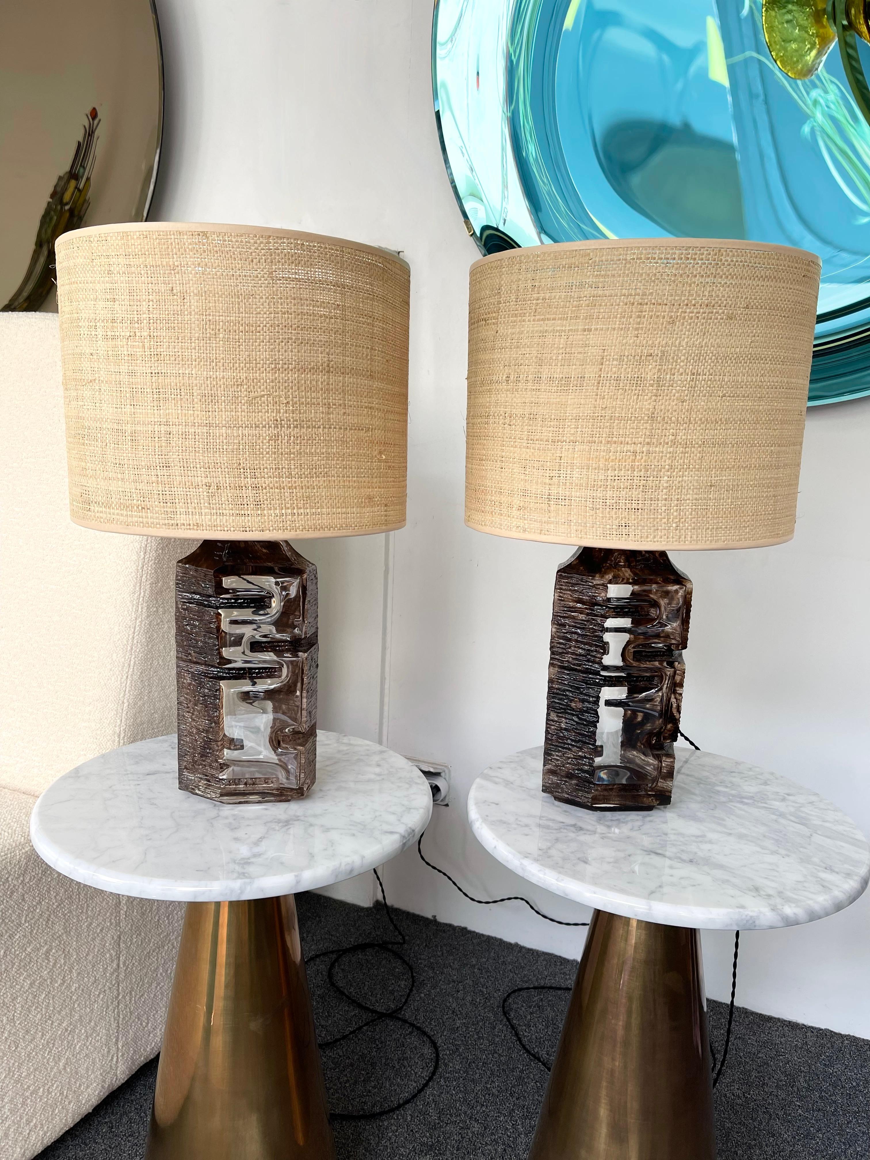 Pair of Tan Crystal Argos Lamps by César for Daum. France, 1970s In Good Condition In SAINT-OUEN, FR
