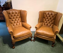 Pair of Tan English Leather Wing Armchairs