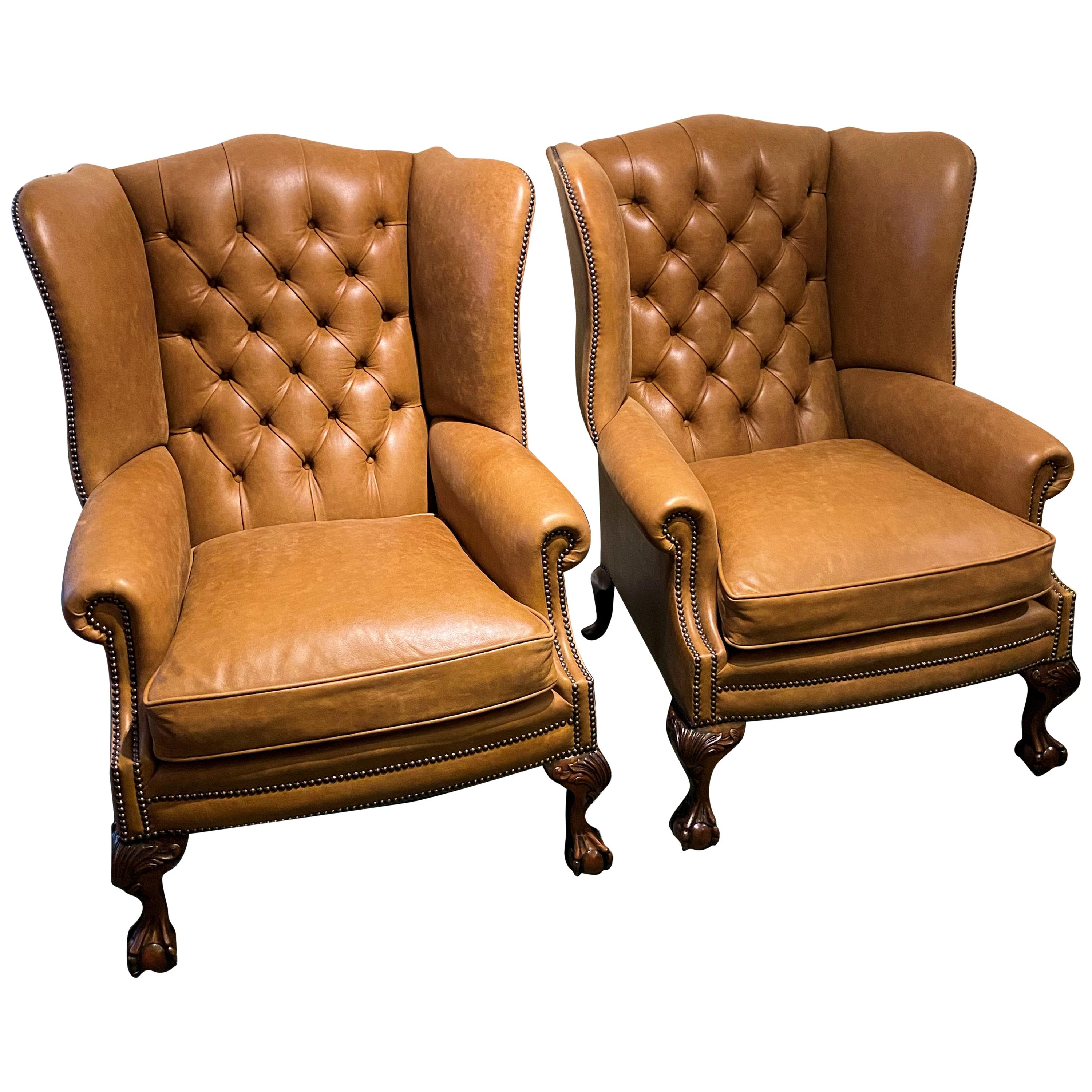 Pair of Tan English Leather Wing Armchairs