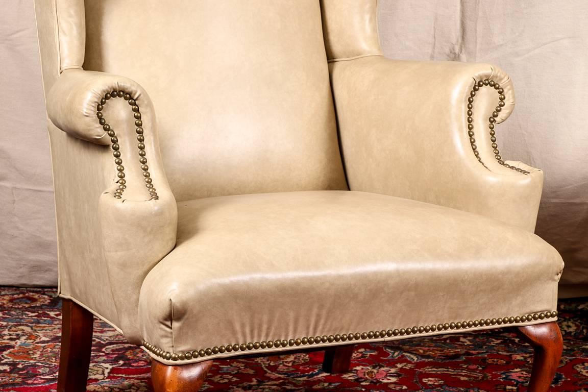 Pair of Tan Faux Leather Wing Chairs In Good Condition In Bridgeport, CT