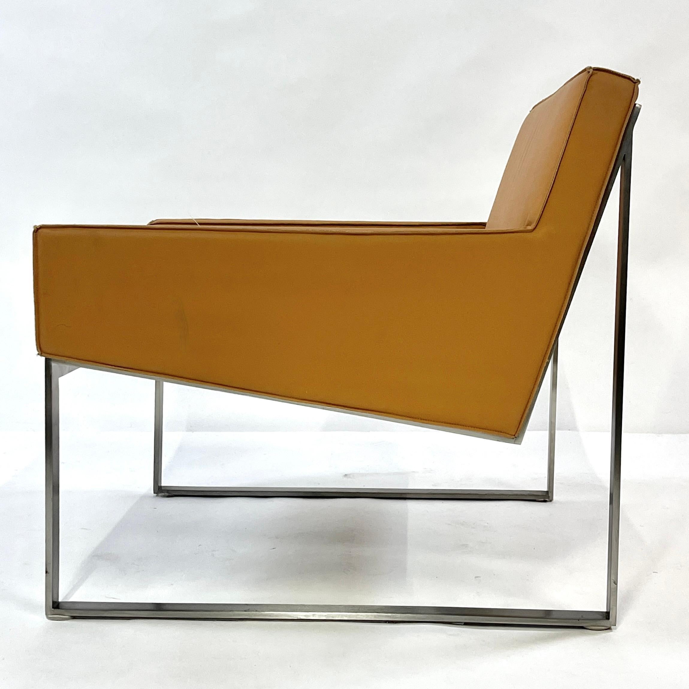 Contemporary Tan Leather & Brushed Nickel Lounge Chairs by Fabien Baron -Bernhardt 4 Avail