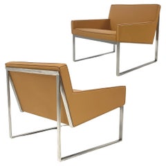Pair of Tan Leather & Brushed Nickel Lounge Chairs by Fabien Baron -Bernhardt