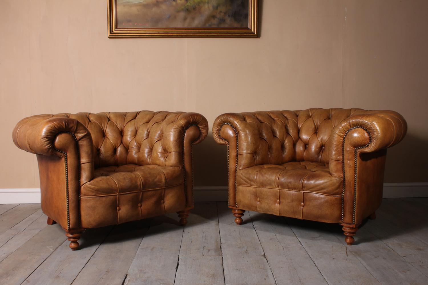 Pair of Tan Leather Chesterfield Club Chairs at 1stDibs