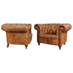 Pair of Tan Leather Chesterfield Club Chairs