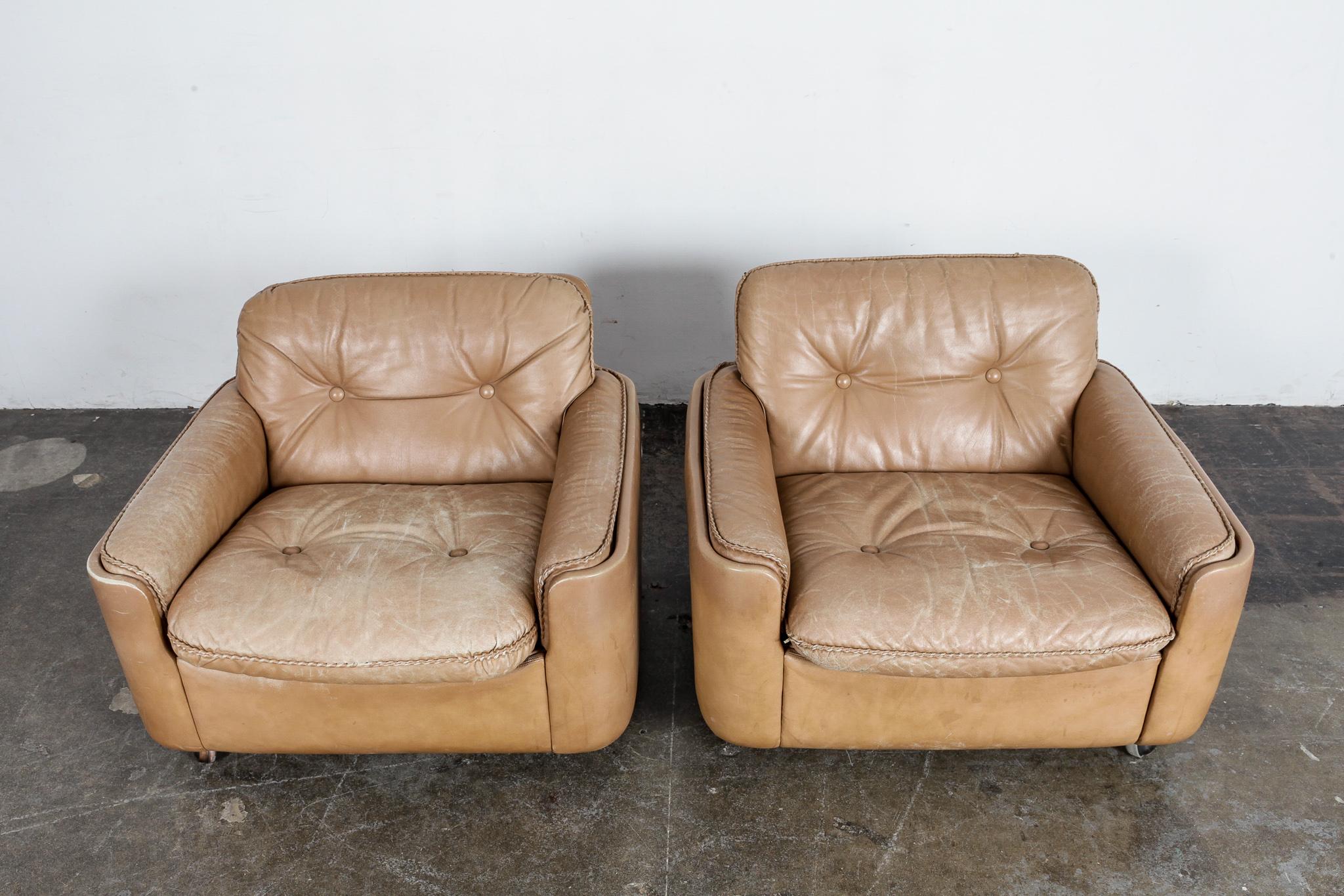 Pair of Tan Leather Low Lounge Chairs by Sigurd Ressell for Vatne Mobler, Norway For Sale 3