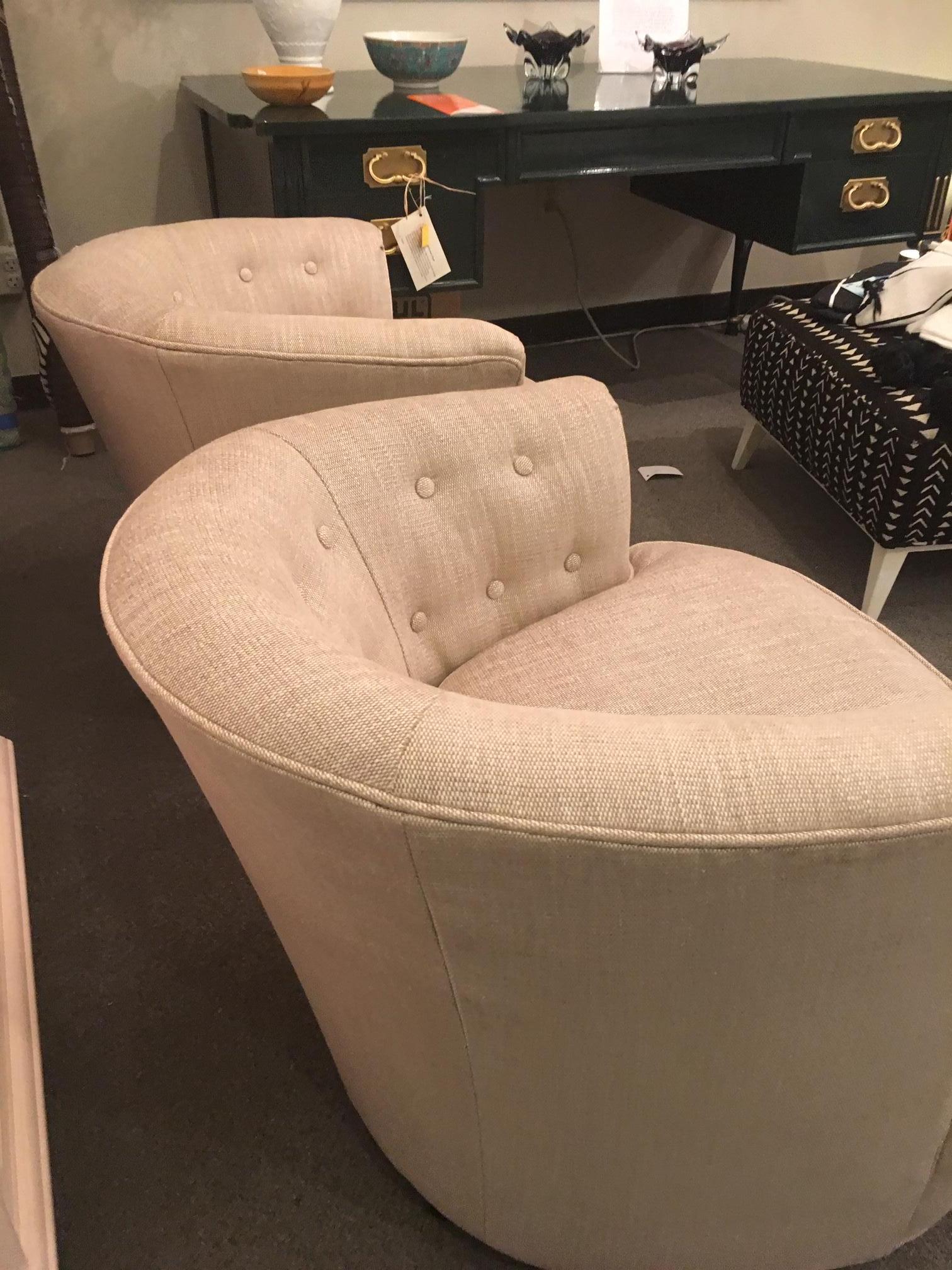 Pair of Tan Linen Swivel Chairs In Excellent Condition In Raleigh, NC
