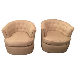 Pair of Tan Linen Swivel Chairs
