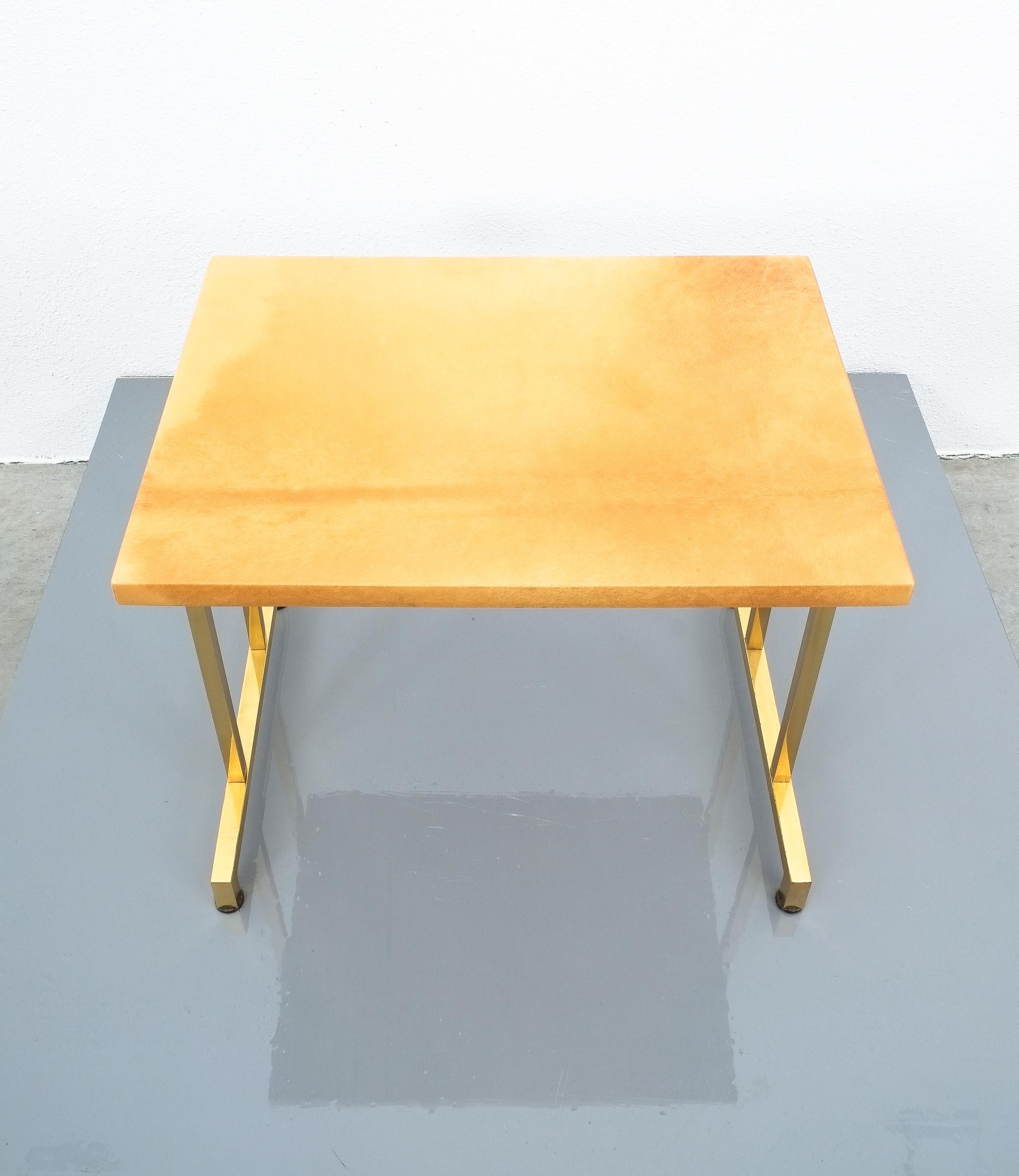 Dyed Pair of Tan Parchment Brass Coffee or Side Tables Aldo Tura, Italy, 1970 For Sale