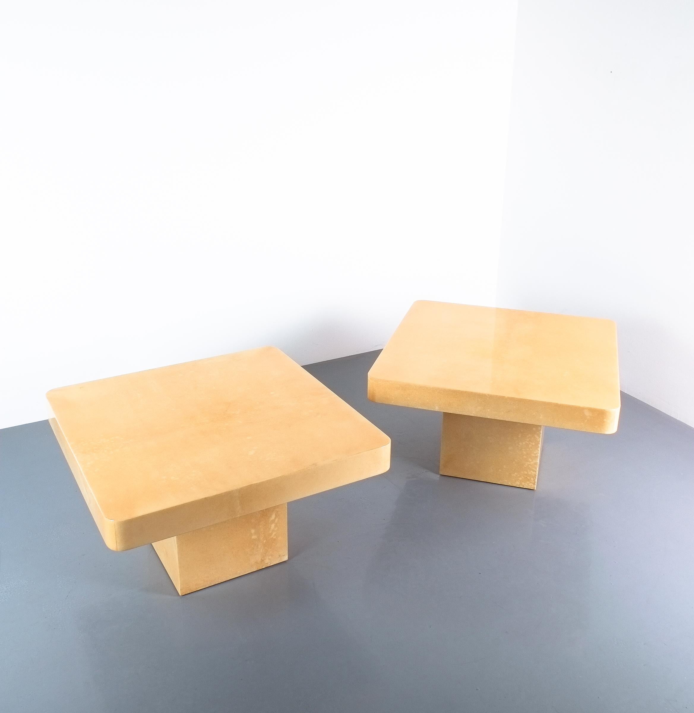 Pair of parchment tables by Aldo Tura Coffee Side, Italy, 1970

Nice pair of tan coffee tables from parchment in immaculate condition, priced as a pair. They can be used as side tables also due to the size (27.8 x 27.8