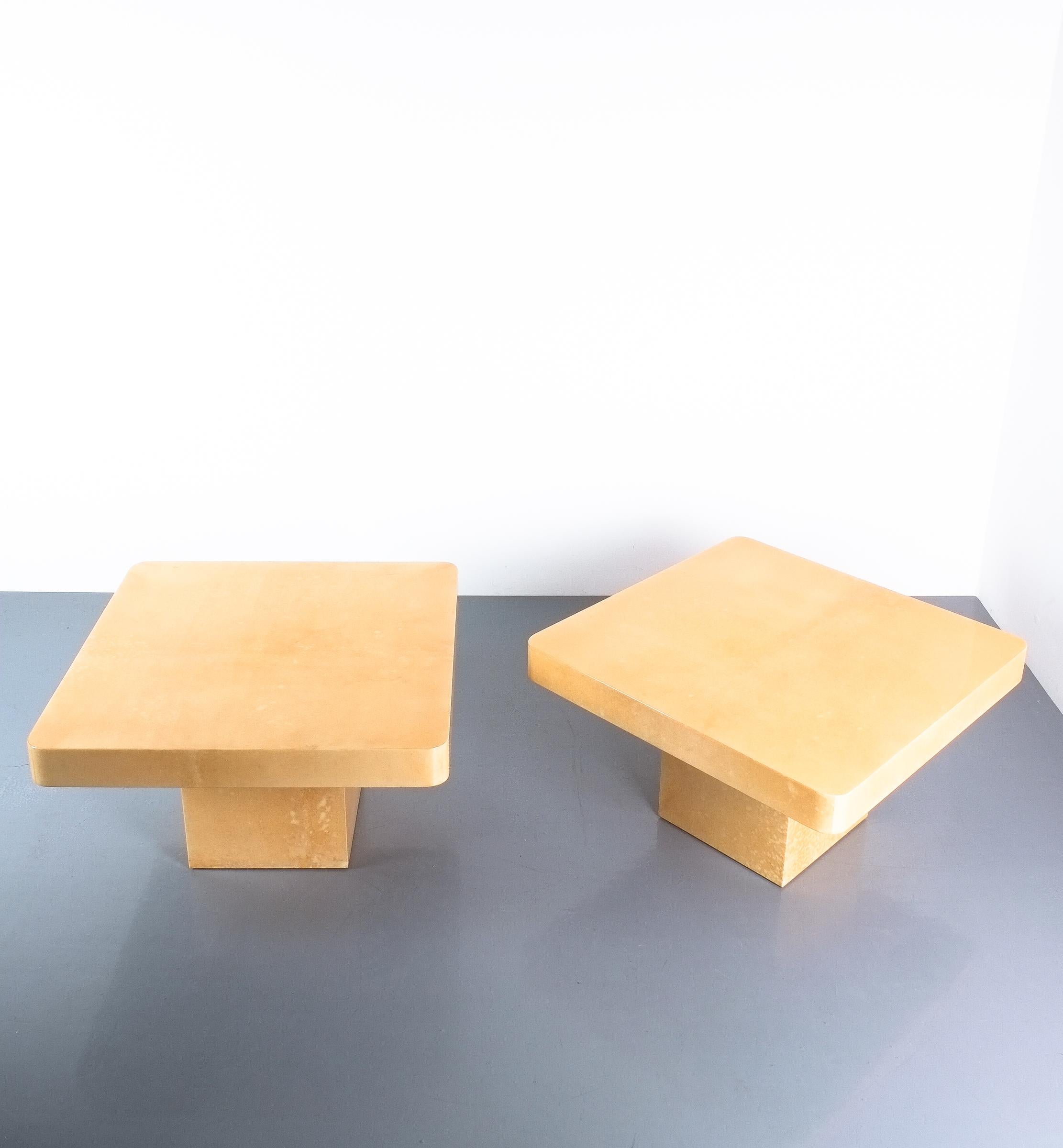 Mid-Century Modern Pair of Tan Parchment Coffee or Side Tables Aldo Tura, Italy, 1970