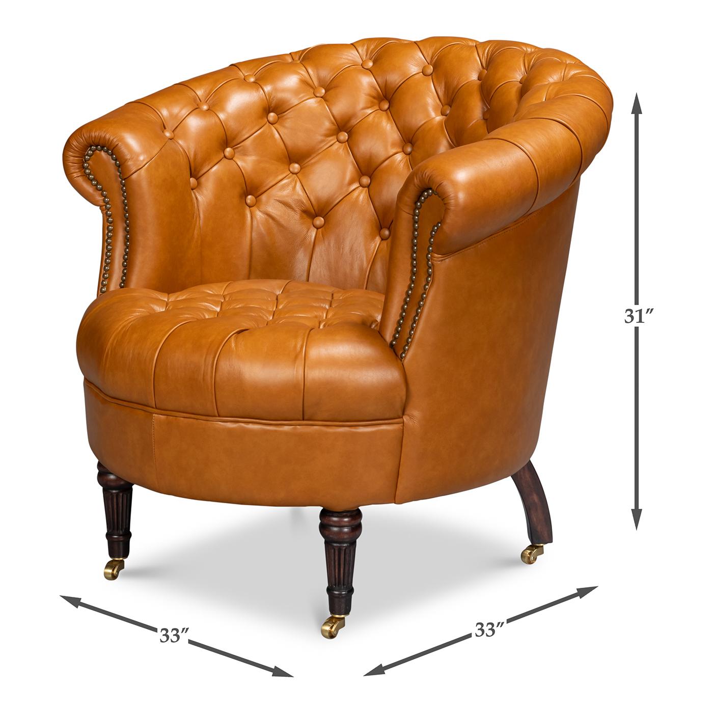 Pair of Tan Saddle Leather Barrel Back Chairs For Sale 5