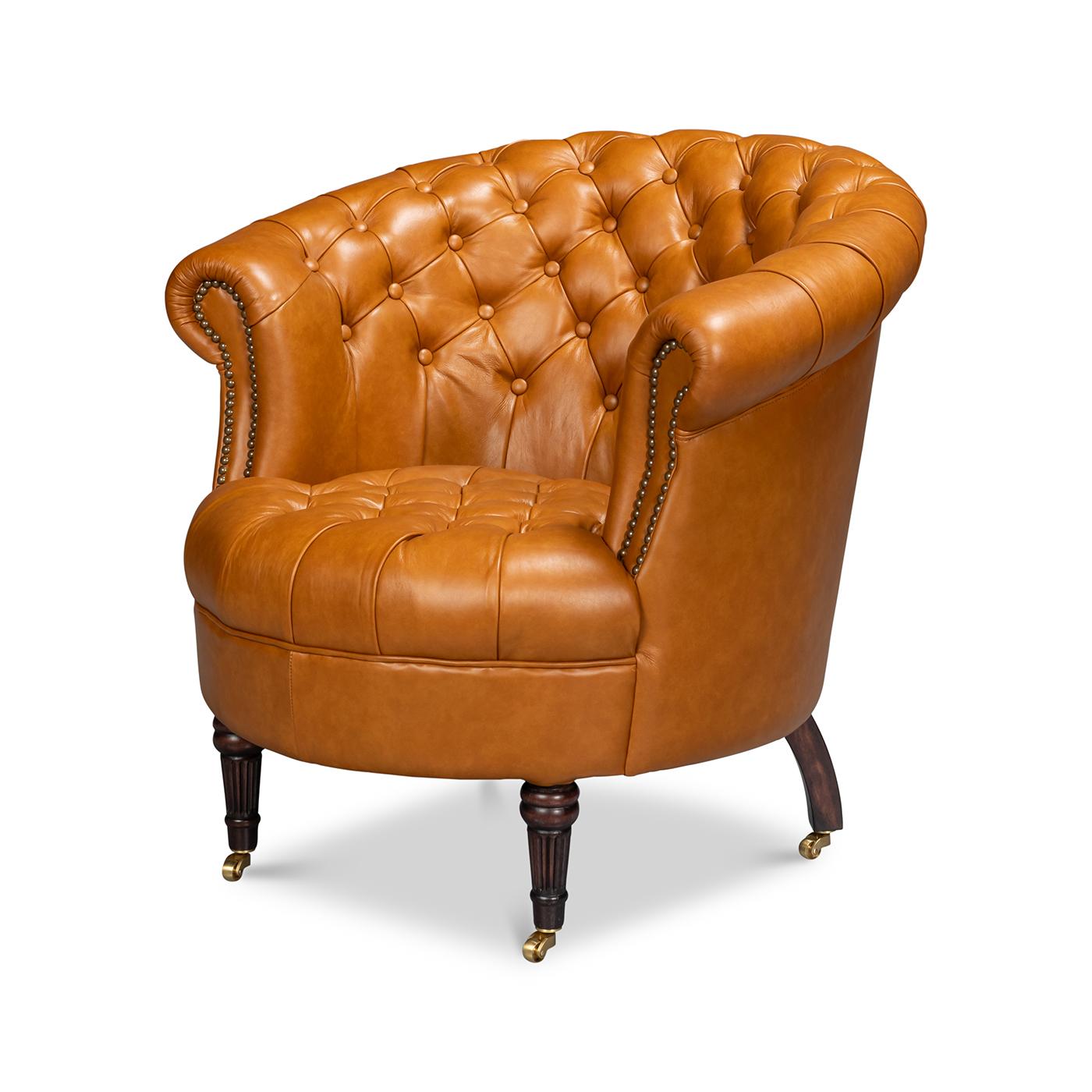 George III Pair of Tan Saddle Leather Barrel Back Chairs For Sale