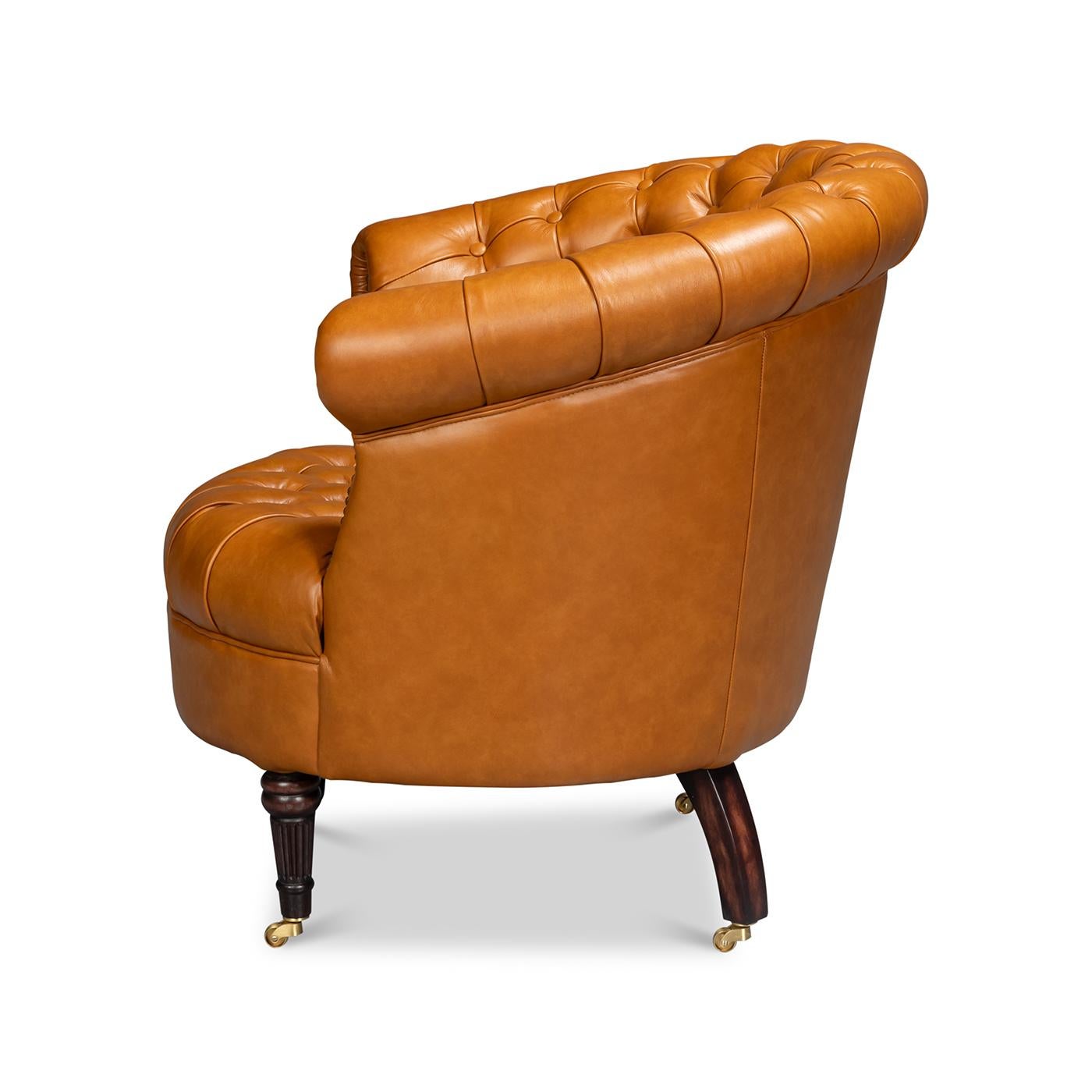 Asian Pair of Tan Saddle Leather Barrel Back Chairs For Sale