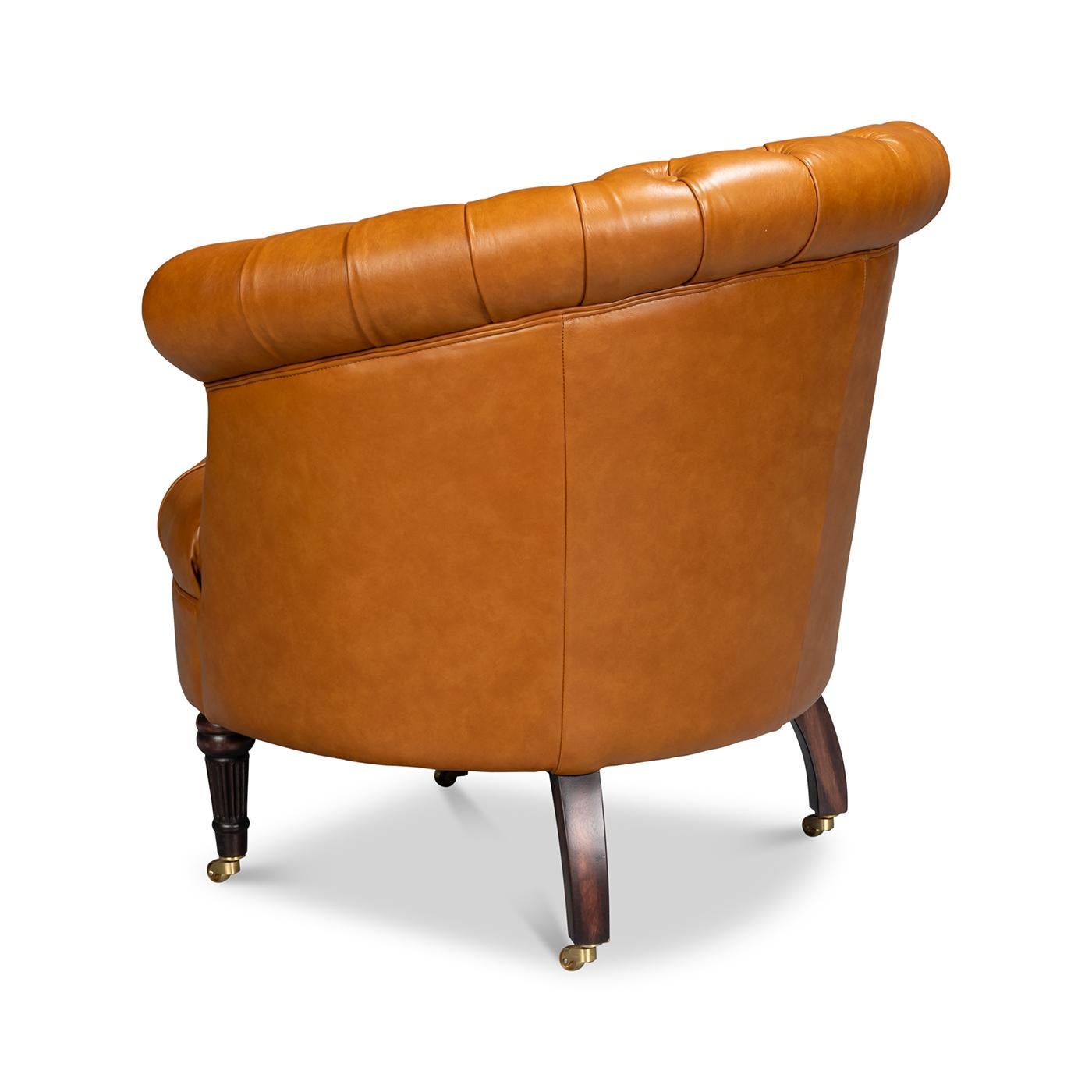Contemporary Pair of Tan Saddle Leather Barrel Back Chairs For Sale