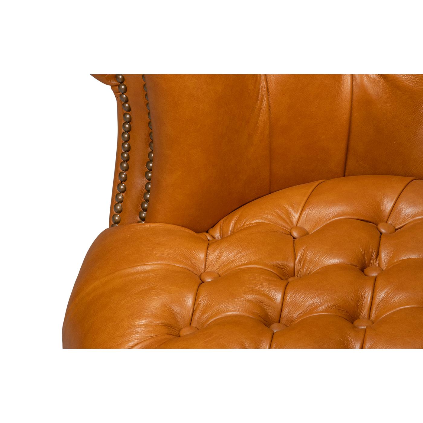 Pair of Tan Saddle Leather Barrel Back Chairs For Sale 3