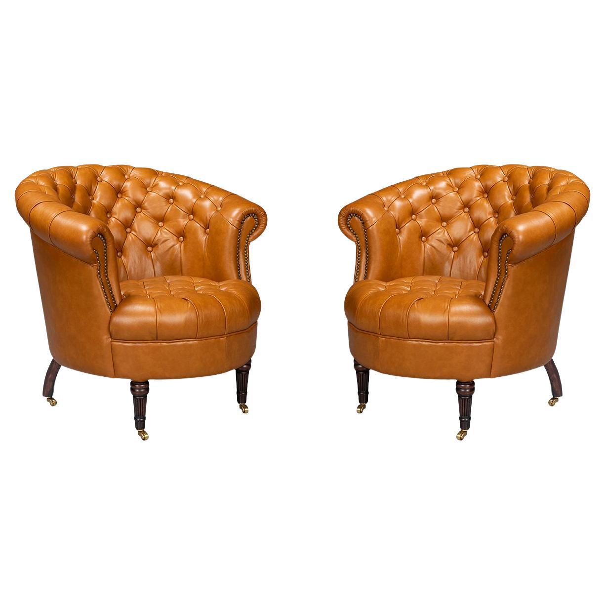 Pair of Tan Saddle Leather Barrel Back Chairs For Sale