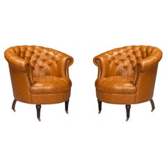 Pair of Tan Saddle Leather Barrel Back Chairs