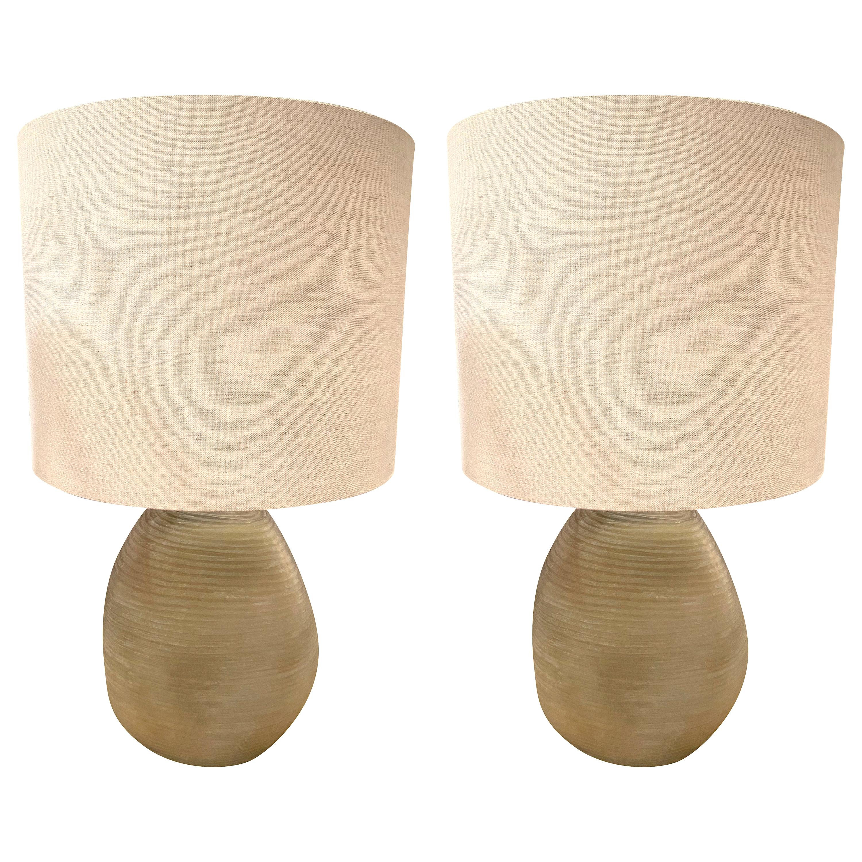 Tan Textured Horizontal Rib Glass Pair of Lamps, Romania, Contemporary