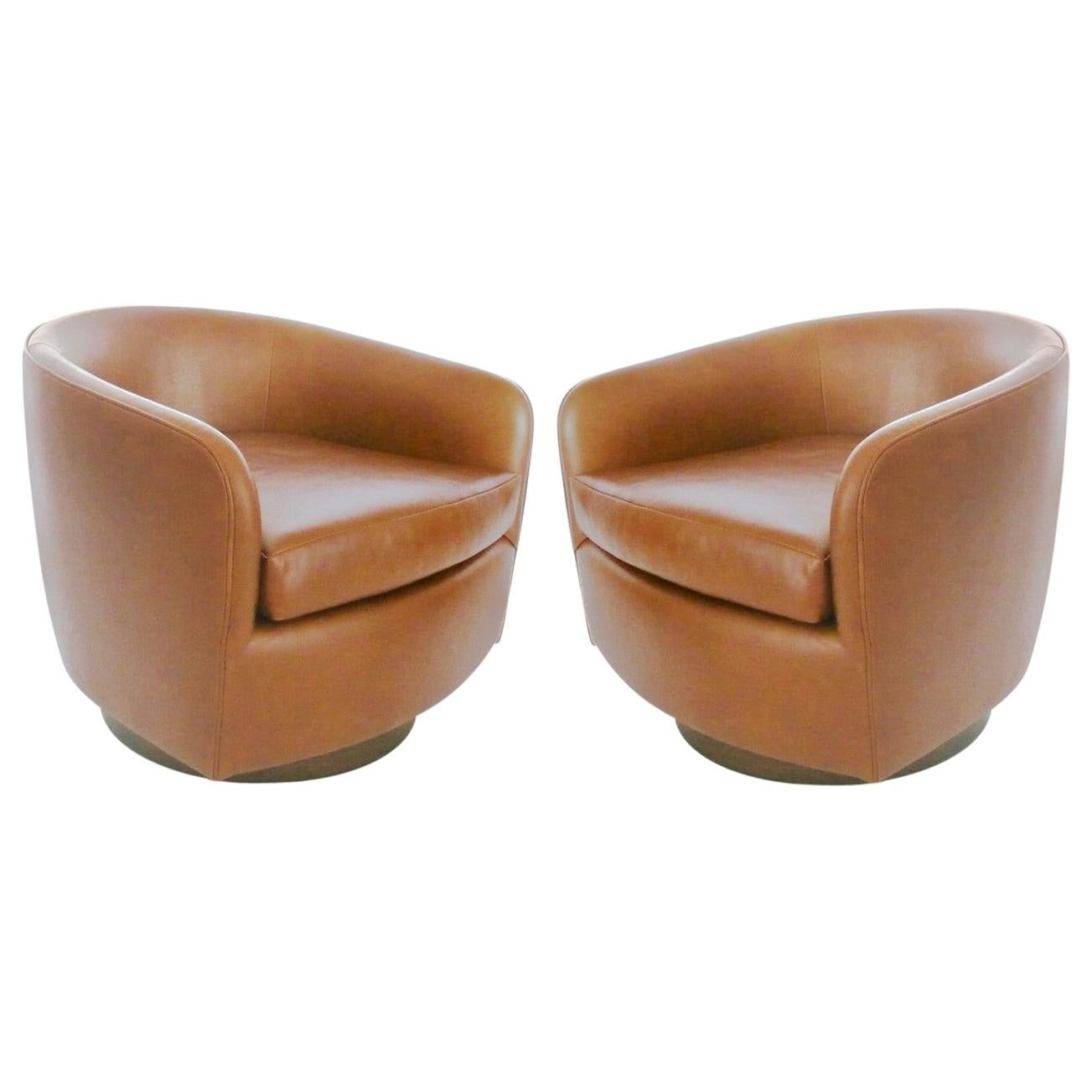 Pair of Tan Tilt Swivel Club Lounge Chairs by Milo Baughman