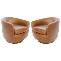 Pair of Tan Tilt Swivel Club Lounge Chairs by Milo Baughman