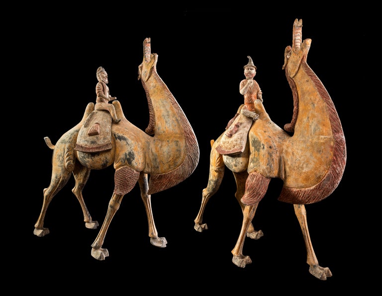The pointy hat and broad features of these riders identify them as foreigners, probably Sogdian traders. Such representations of foreign traders on camel back proliferated in the Tang Period (618 - 907 CE), as symbols of the thriving Silk Road trade