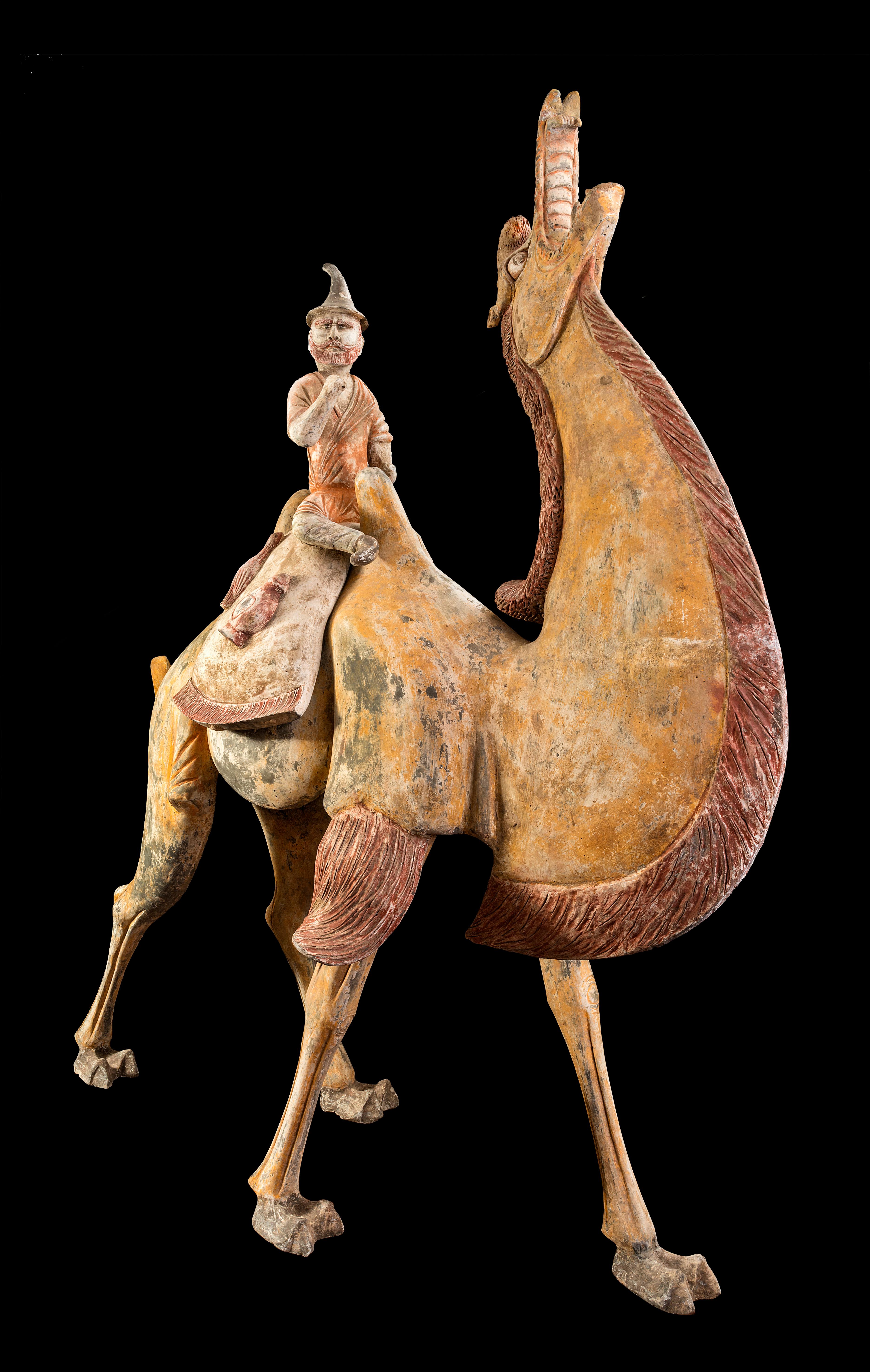 A Pair of Tang Dynasty Chinese Terracotta Bactrian Camels with Riders In Good Condition For Sale In Armadale, Victoria