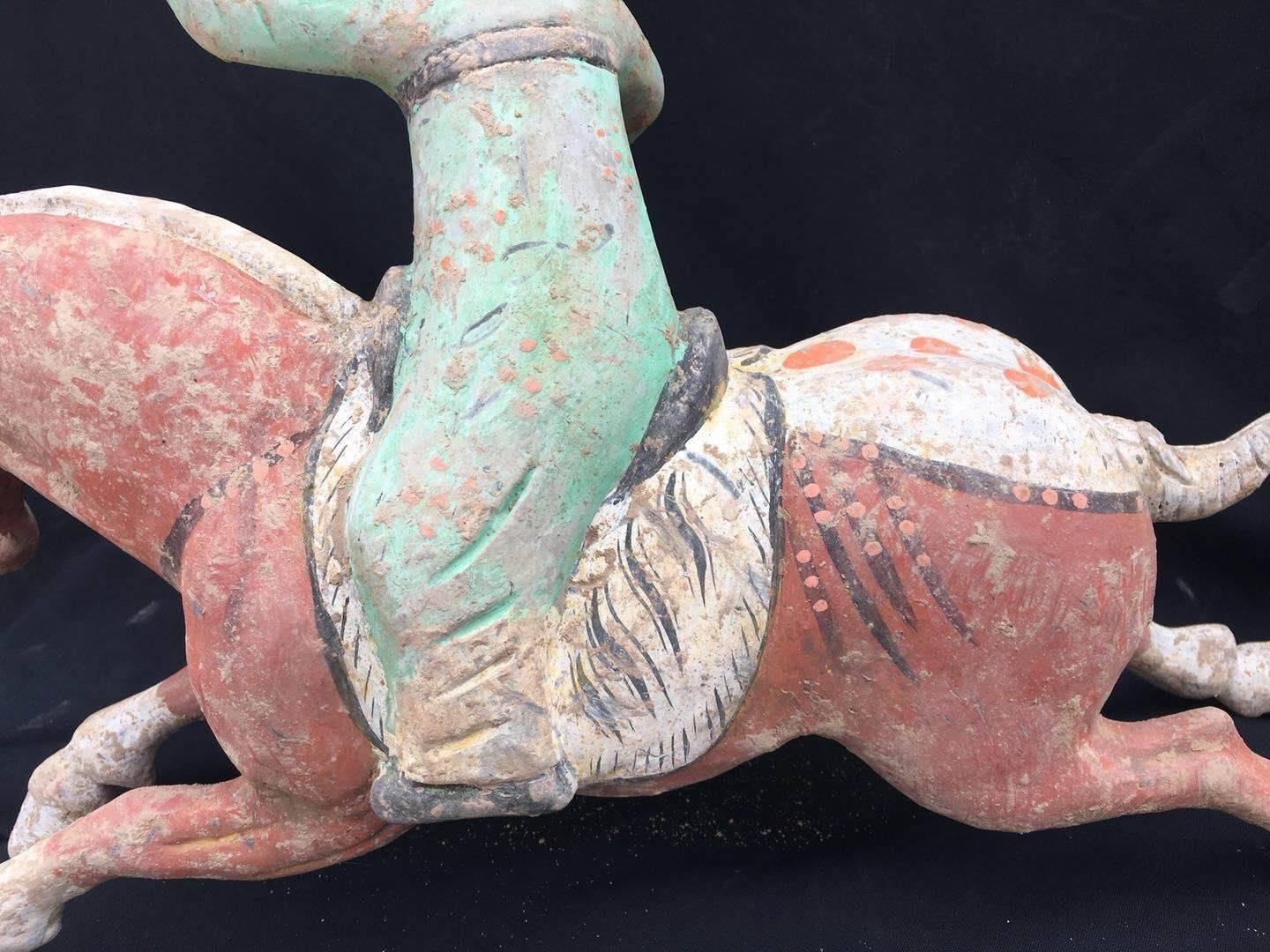 Chinese Pair of Tang Dynasty Horses with Female Polo Players For Sale
