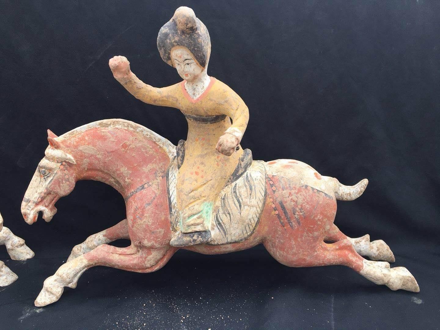 18th Century and Earlier Pair of Tang Dynasty Horses with Female Polo Players For Sale