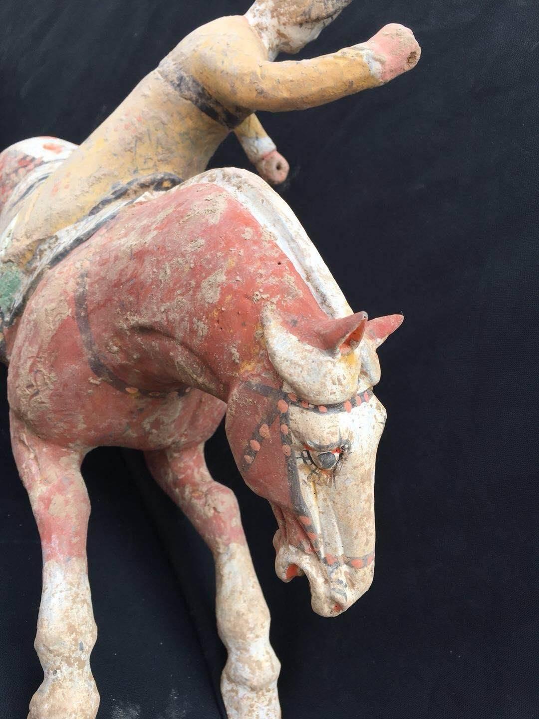 Pottery Pair of Tang Dynasty Horses with Female Polo Players For Sale