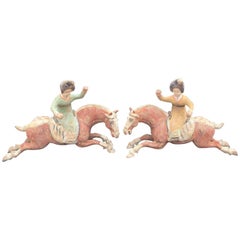 Antique Pair of Tang Dynasty Horses with Female Polo Players