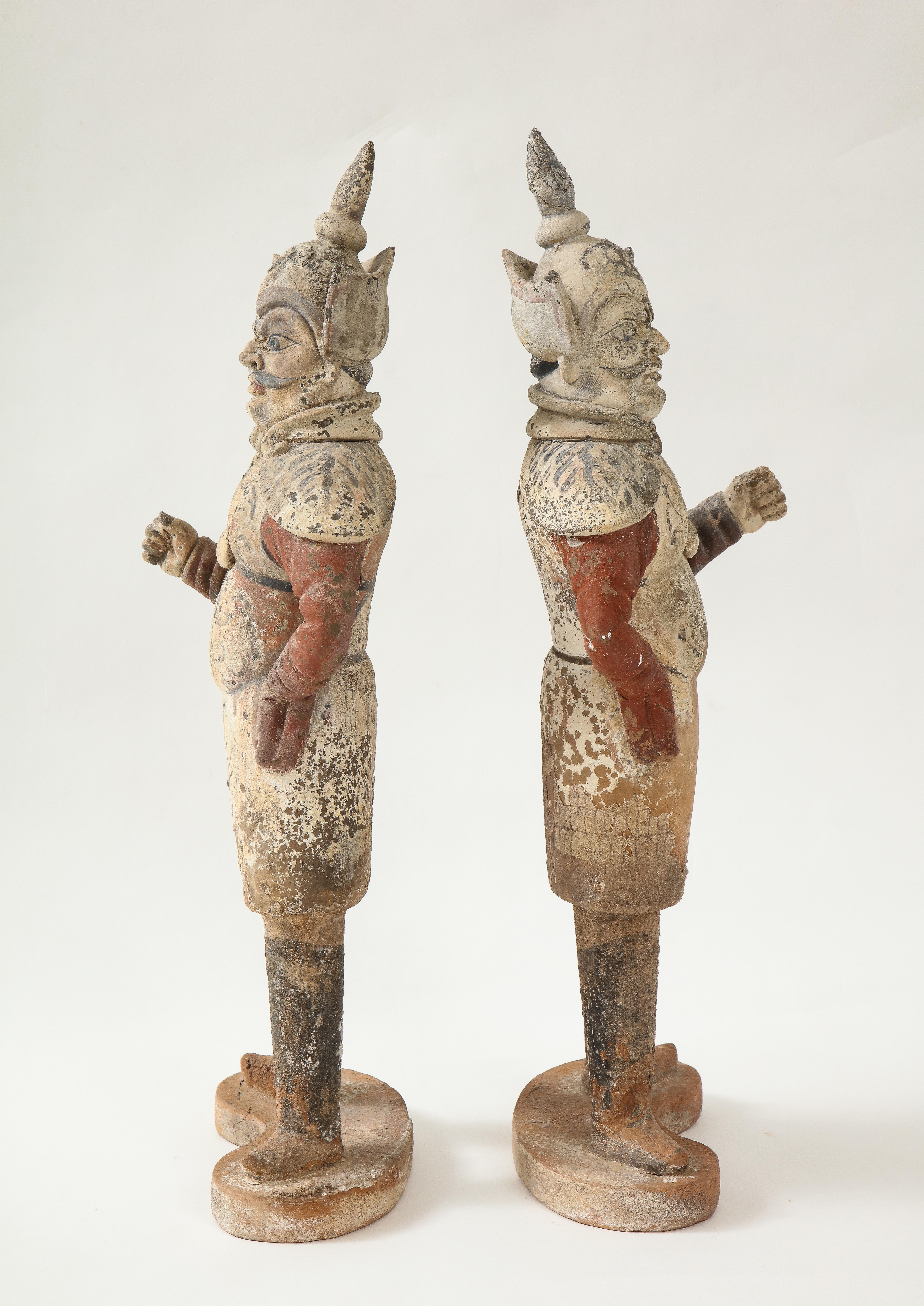 Pair of Tang Dynasty Painted Earthenware Guardians or Soldiers For Sale 8
