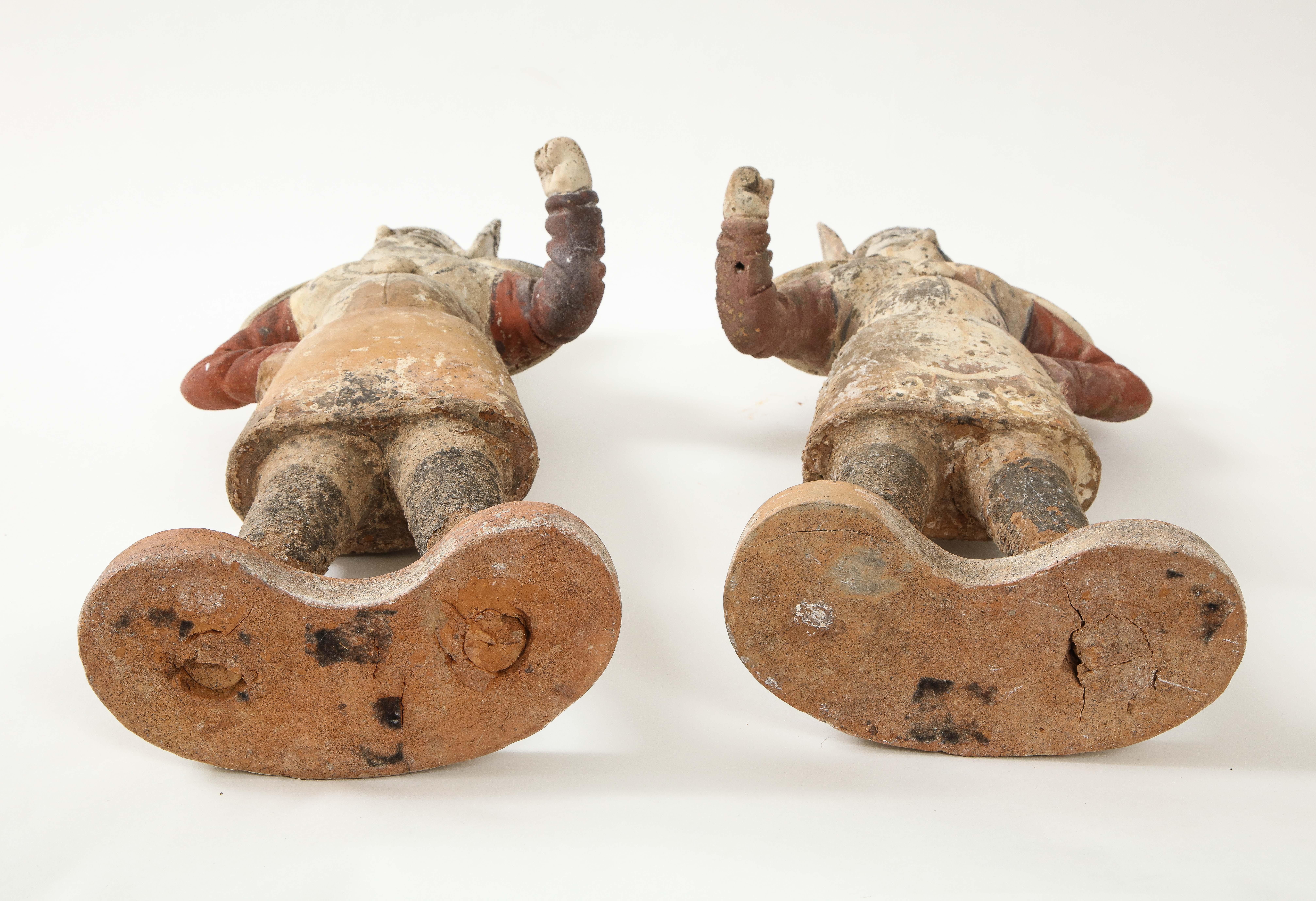 Pair of Tang Dynasty Painted Earthenware Guardians or Soldiers For Sale 11