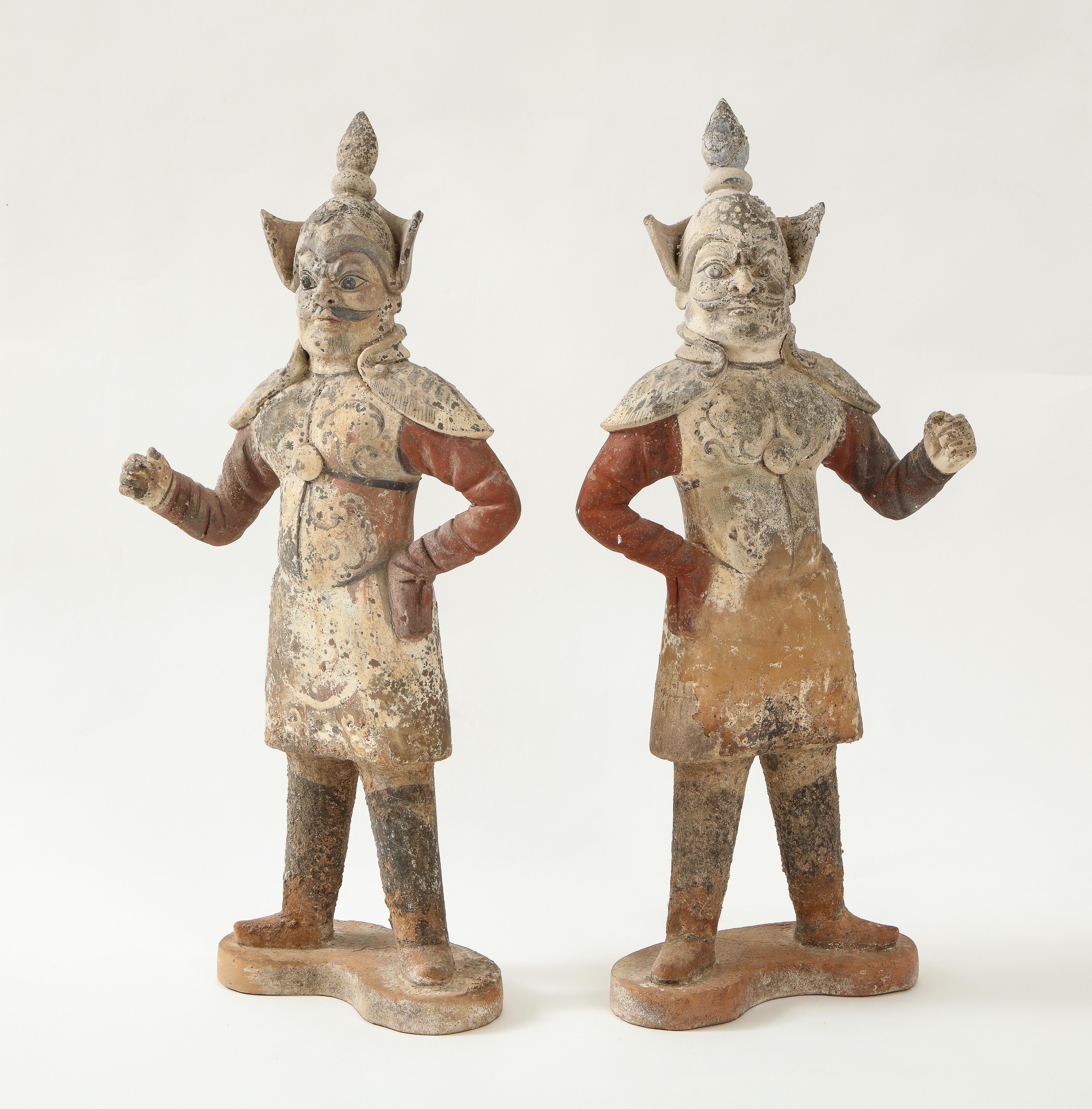 Pair of Tang Dynasty Painted Earthenware Guardians or Soldiers For Sale 13