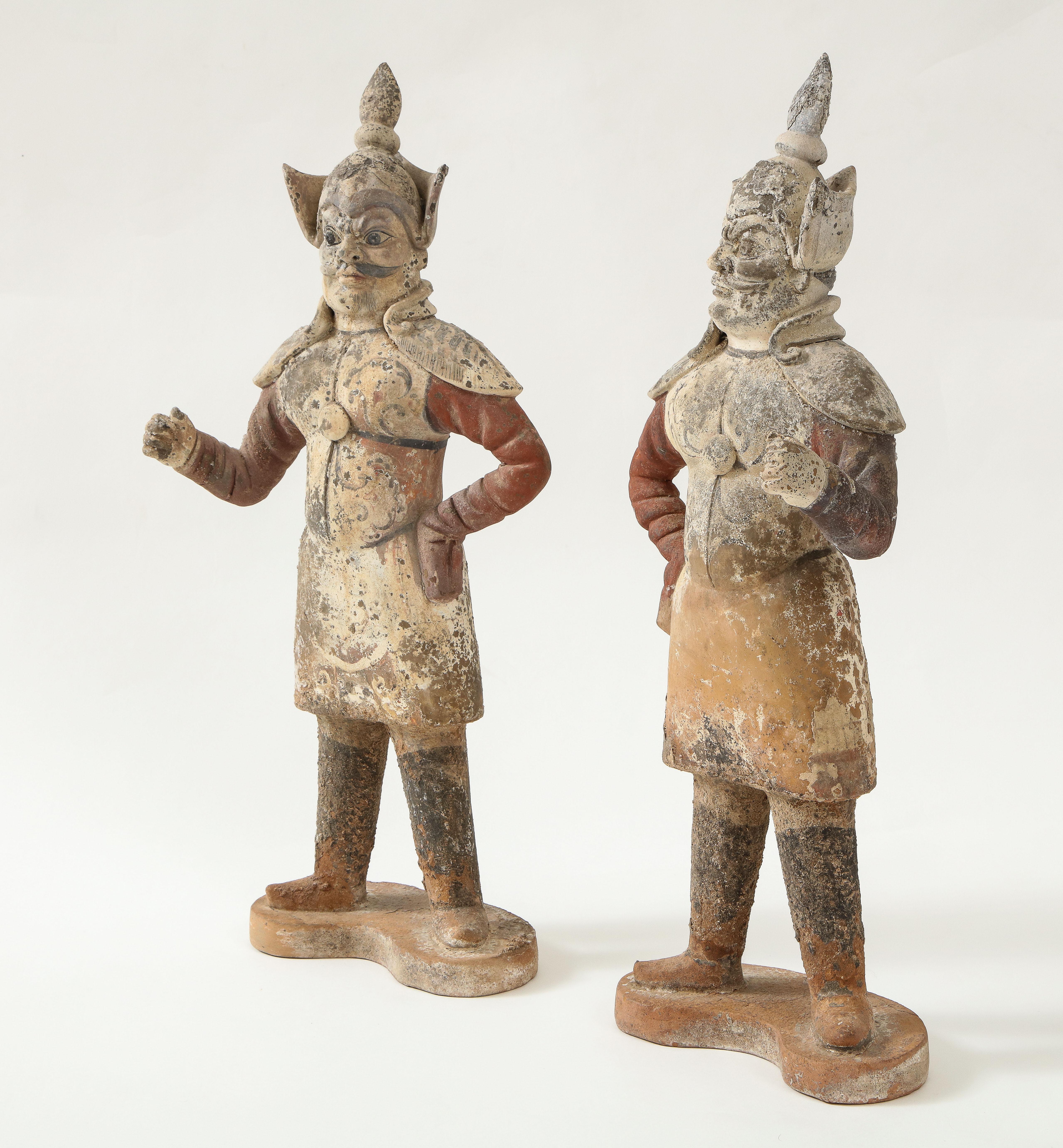 Pair of Tang Dynasty Painted Earthenware Guardians or Soldiers For Sale 14