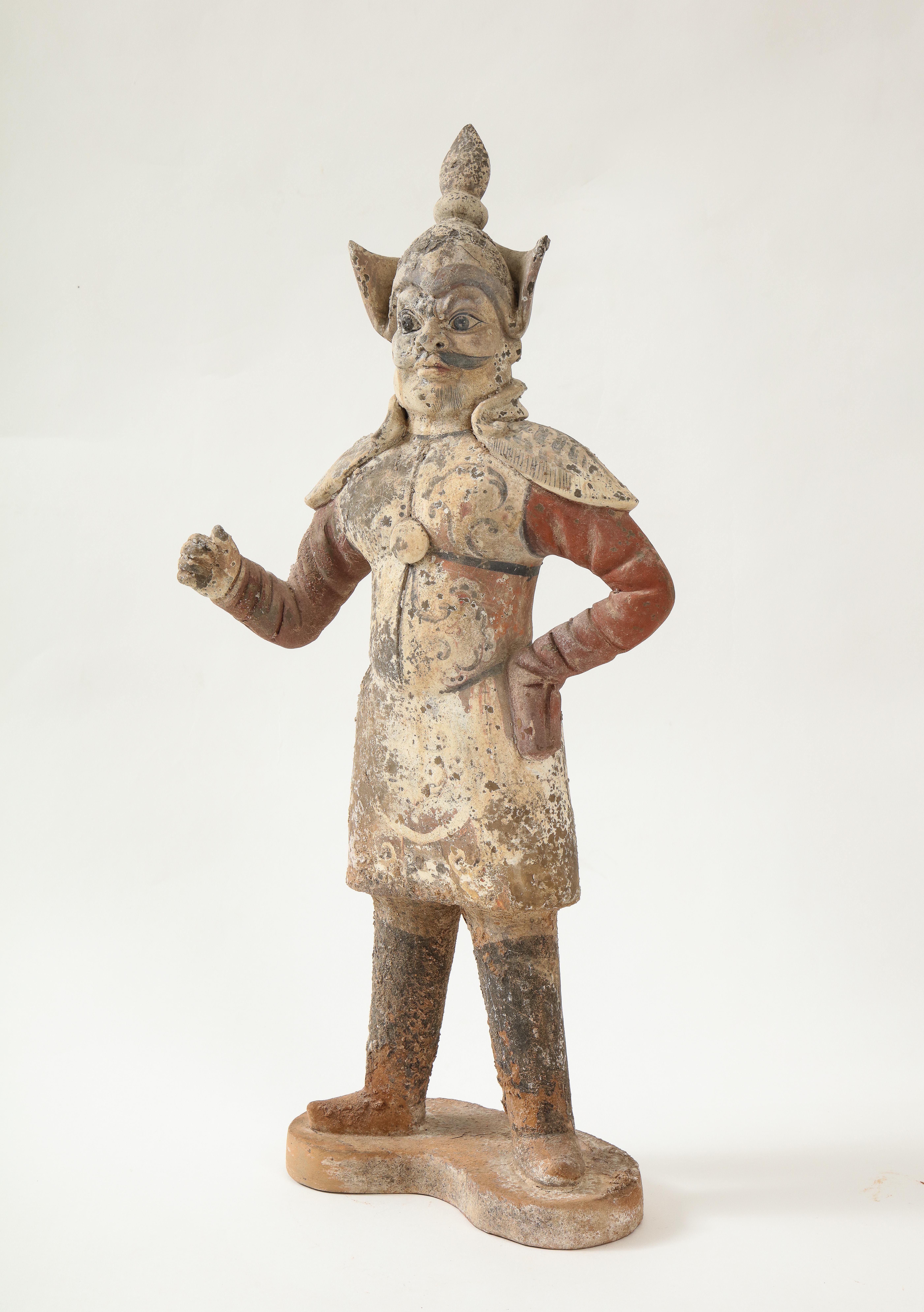 Pair of Tang Dynasty Painted Earthenware Guardians or Soldiers For Sale 1