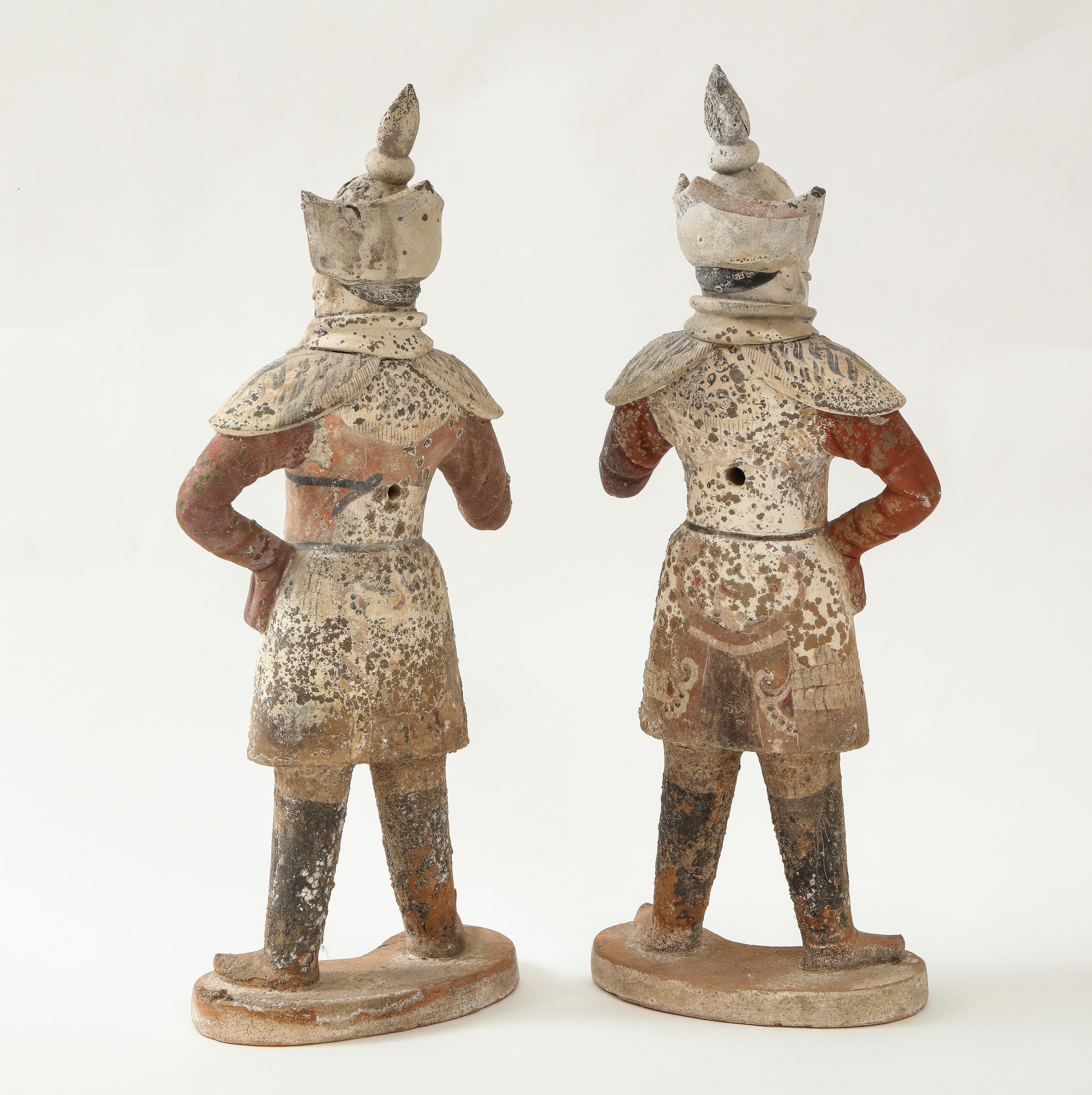 Pair of Tang Dynasty Painted Earthenware Guardians or Soldiers For Sale 3